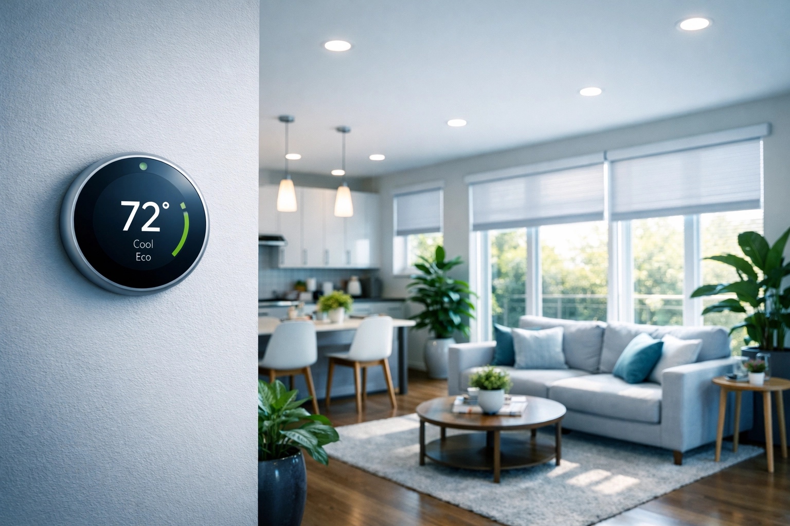 Energy-efficient smart home with motorized window shades and smart thermostat in modern living space