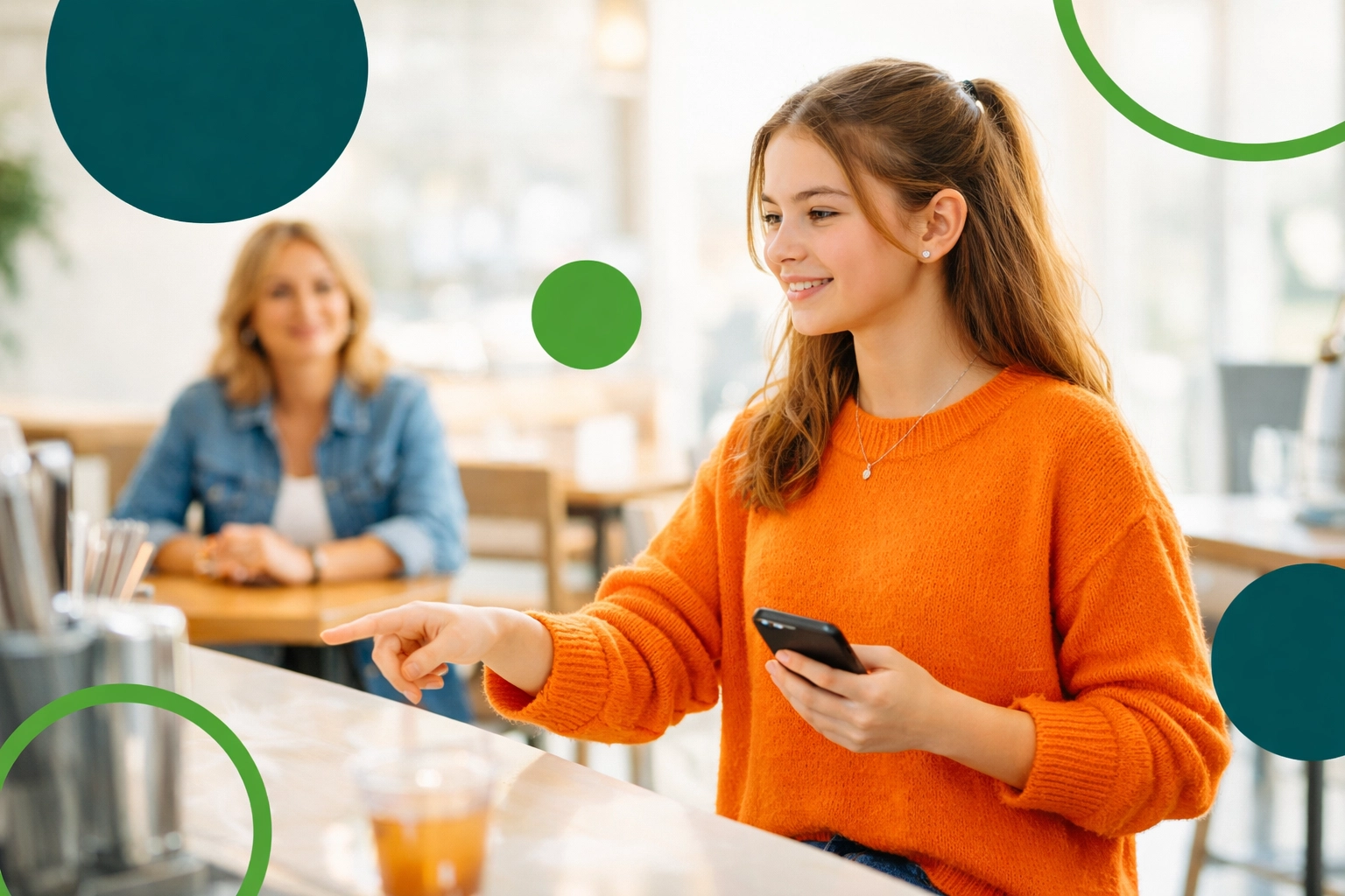 A teenage girl independently ordering at a cafe to build life skills while her parent watches from a distance.