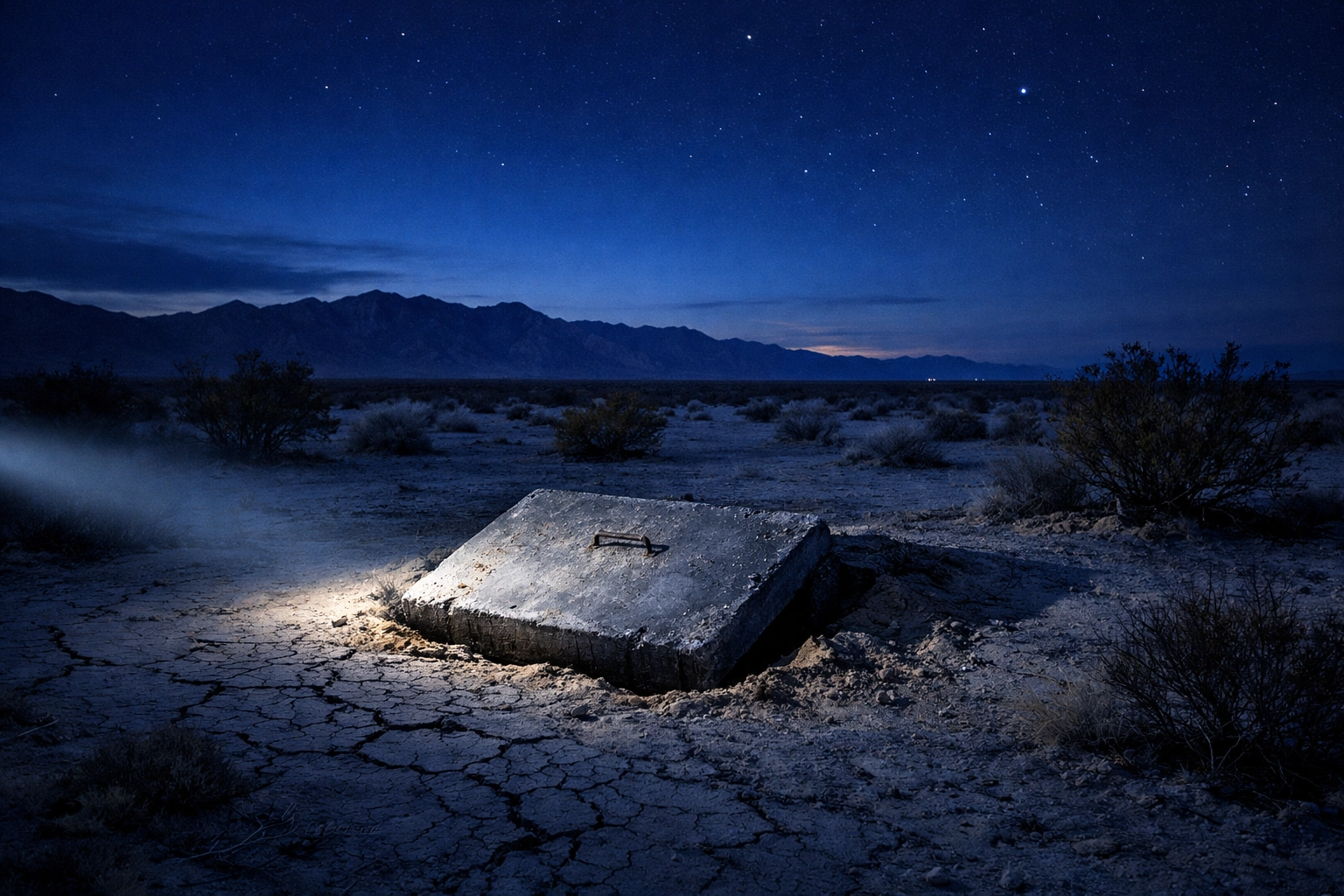 Desolate Nevada desert landscape where the Binion Hoard vault was hidden underground near Pahrump.