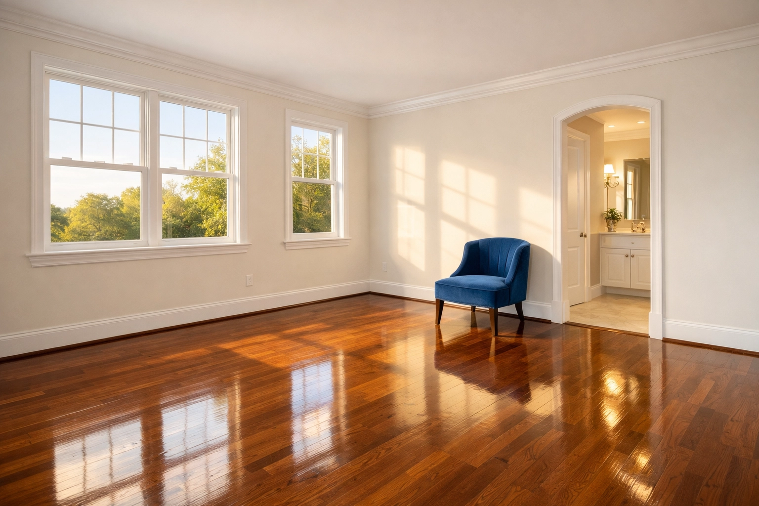 Pristine bedroom with polished floors showcasing luxury eco-friendly cleaning in Sherborn for moves.