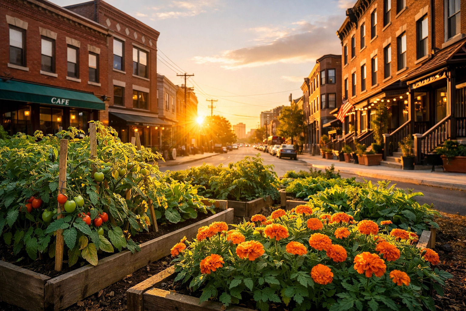 Flourishing community garden in a restored urban neighborhood representing Christian community development.