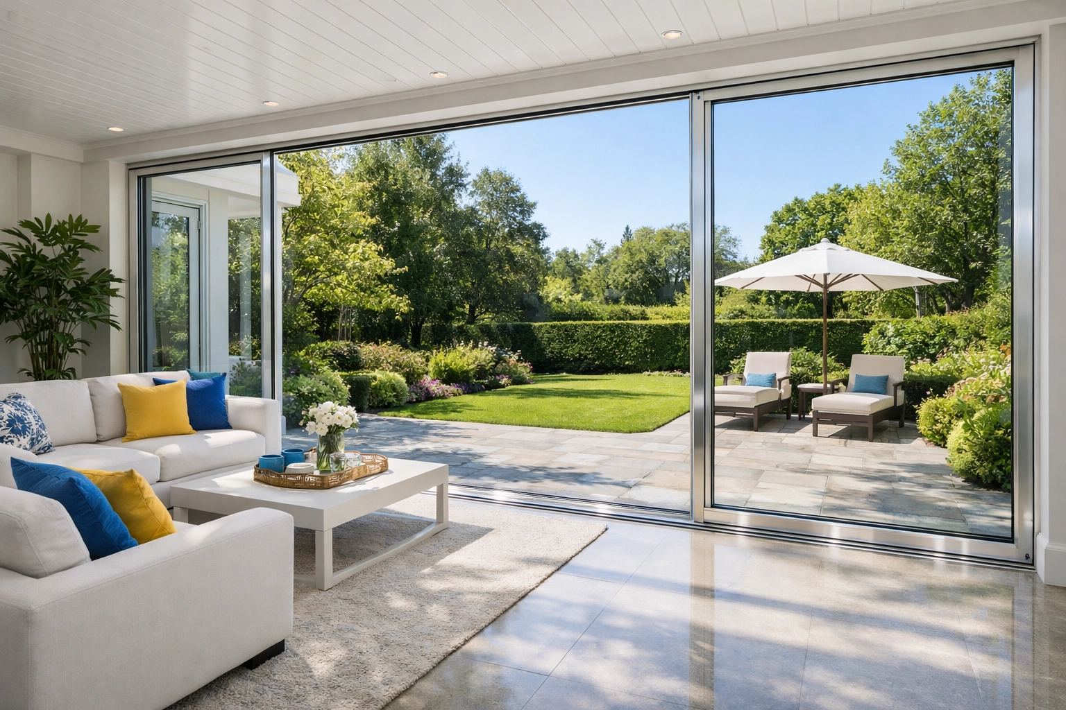 Immaculate sliding glass door tracks in a luxury sunroom after a professional post-construction deep clean.