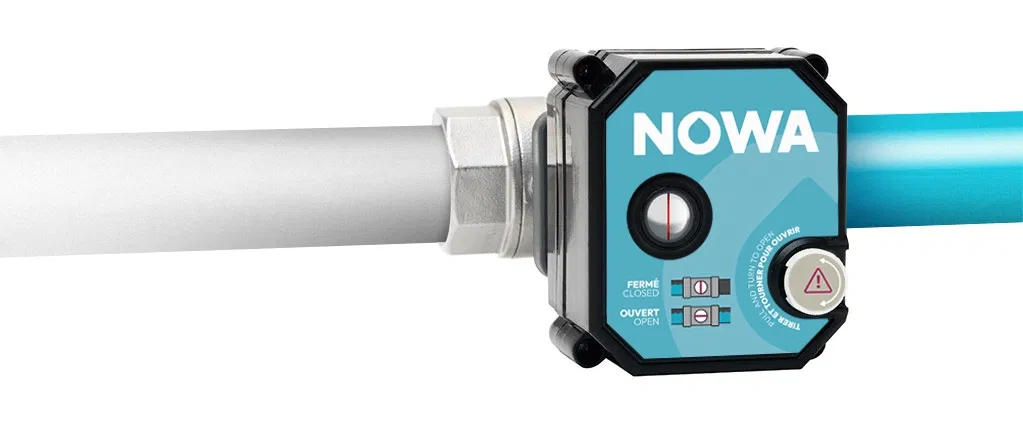 NOWA smart water shutoff valve installed on a pipe