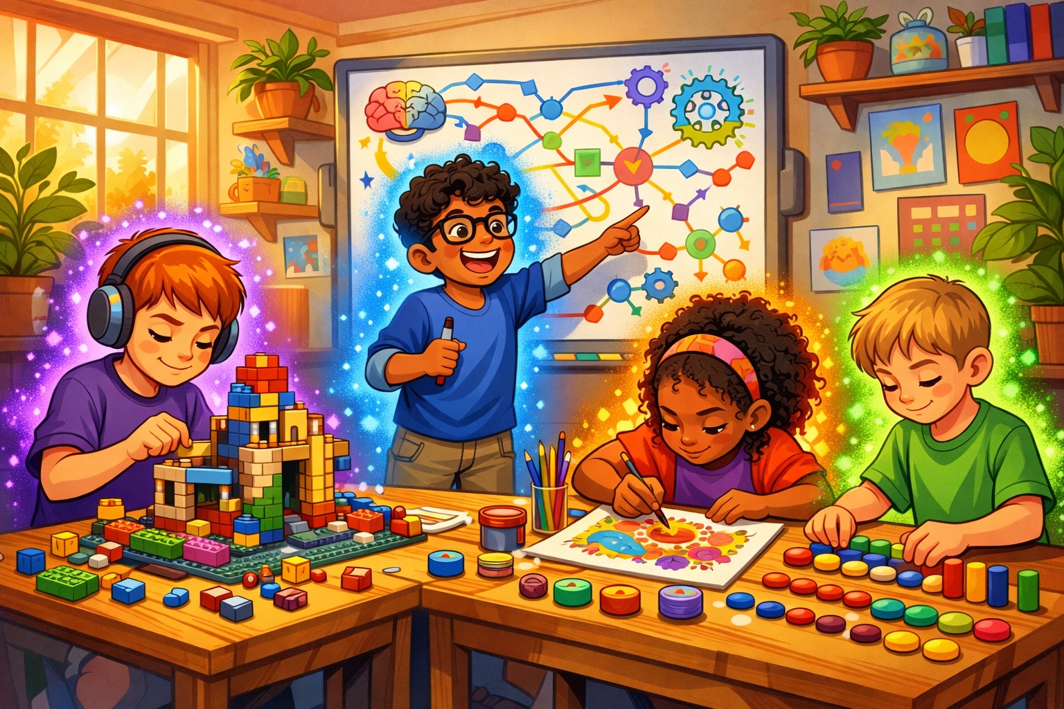 Diverse neurodivergent kids displaying individual talents through building, art, and pattern work