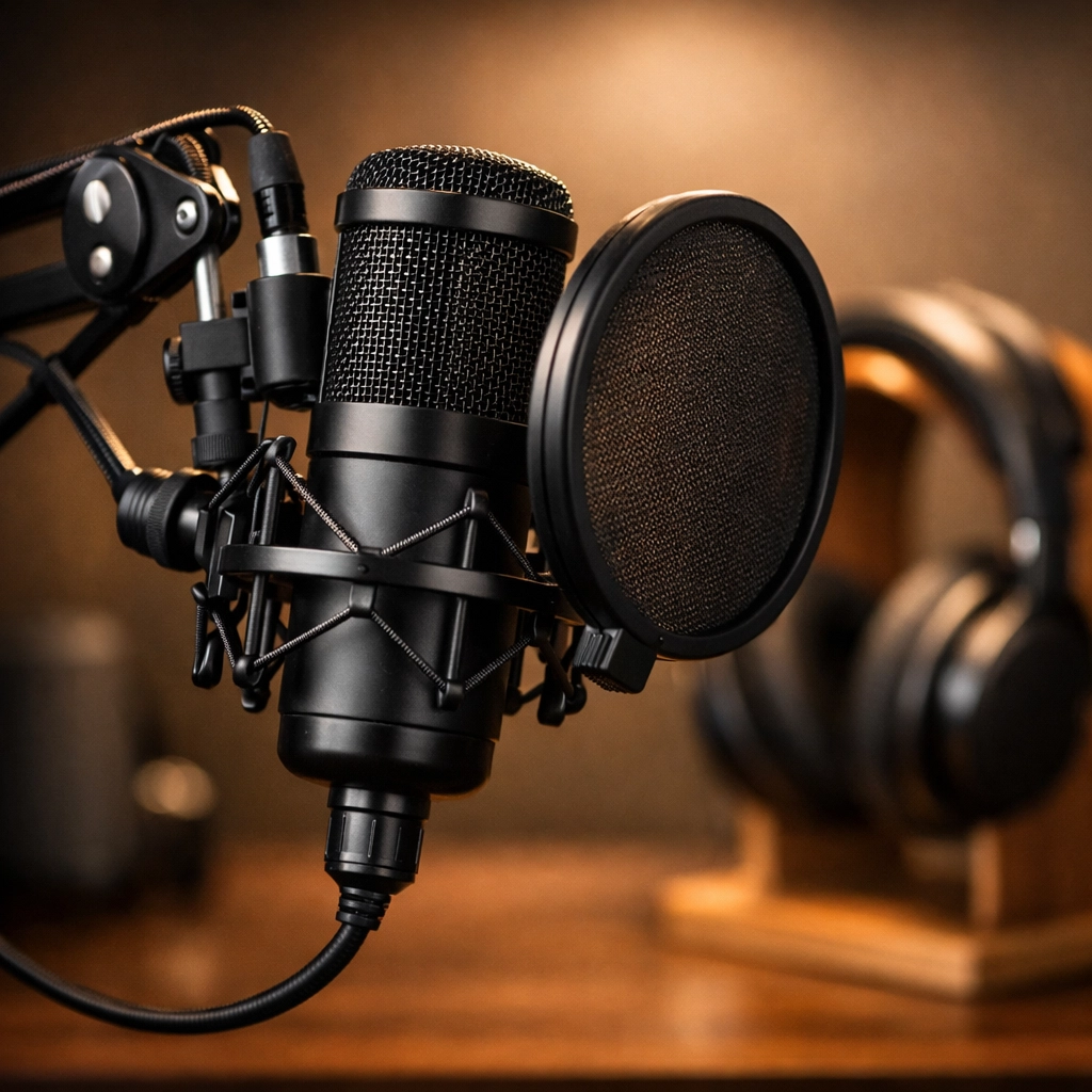 Professional condenser microphone and noise-canceling headphones for interactive online classes and focus.