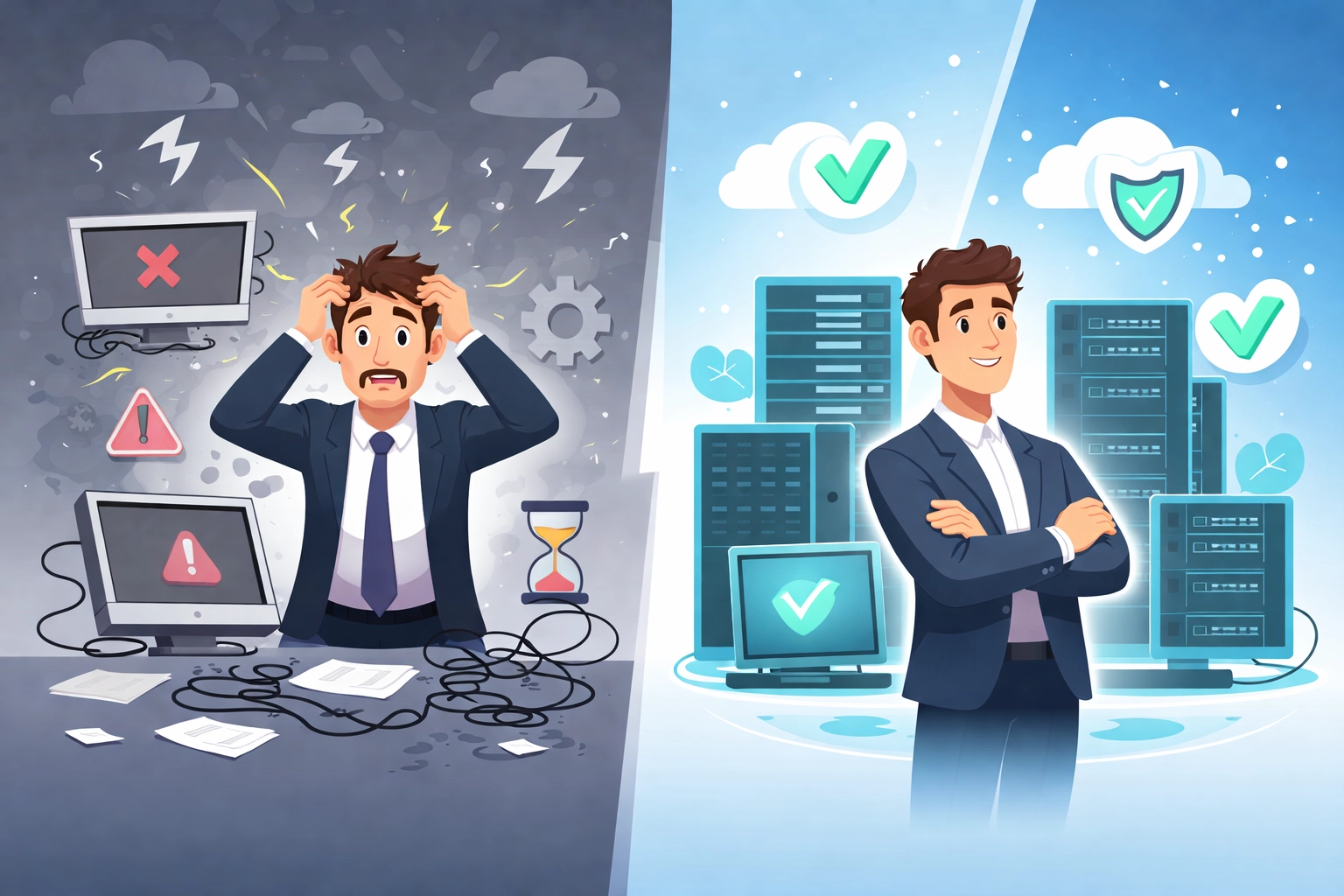 Illustration contrasting chaotic DIY IT with organized managed IT support for small businesses