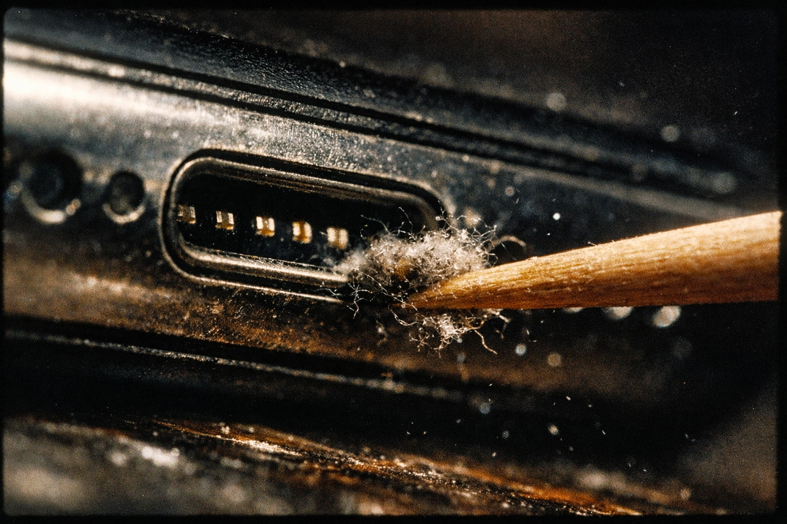 Cleaning iPhone charging port with wooden toothpick to remove lint and debris