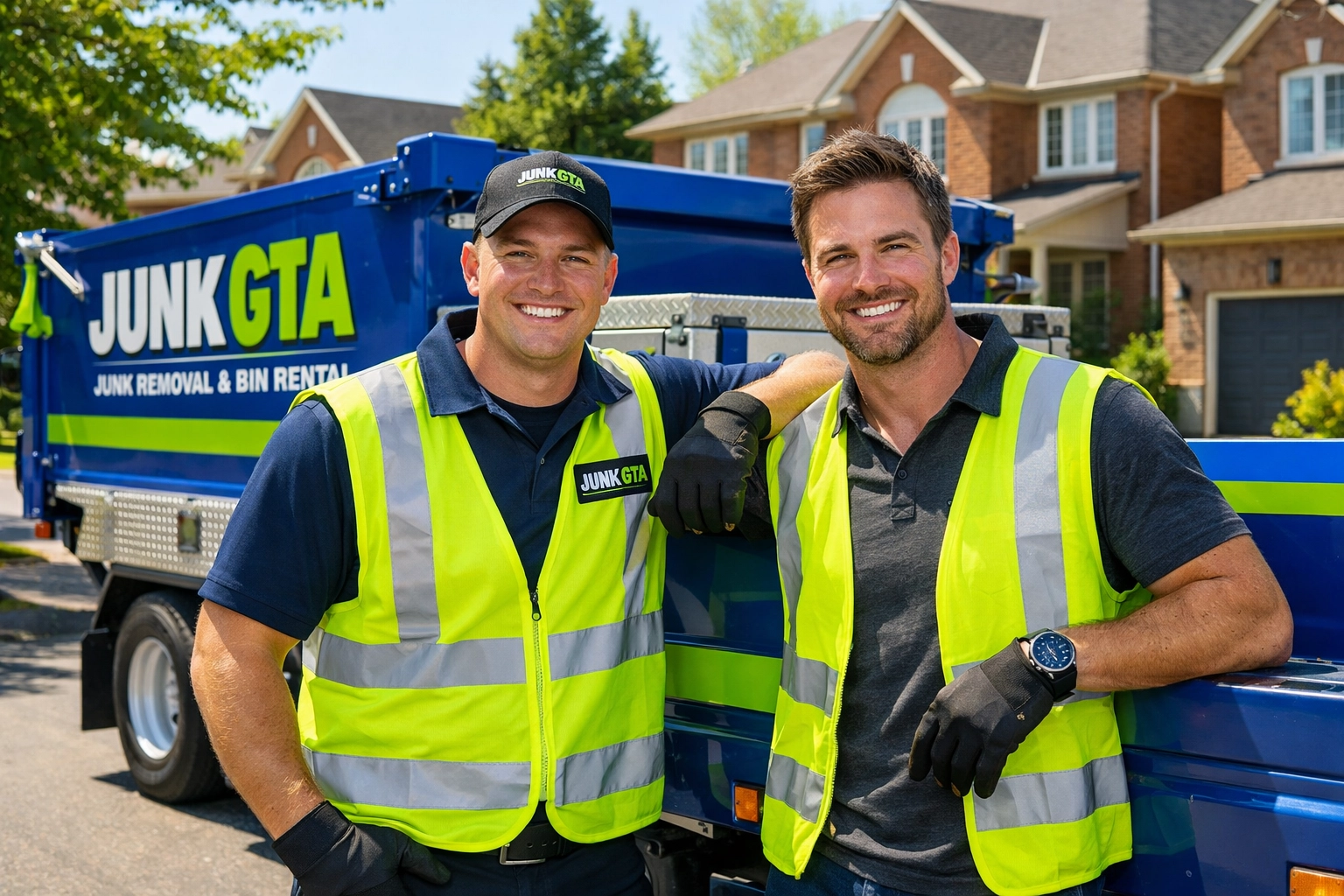 Furniture removal service team with a professional hauling truck in an East Gwillimbury neighborhood.