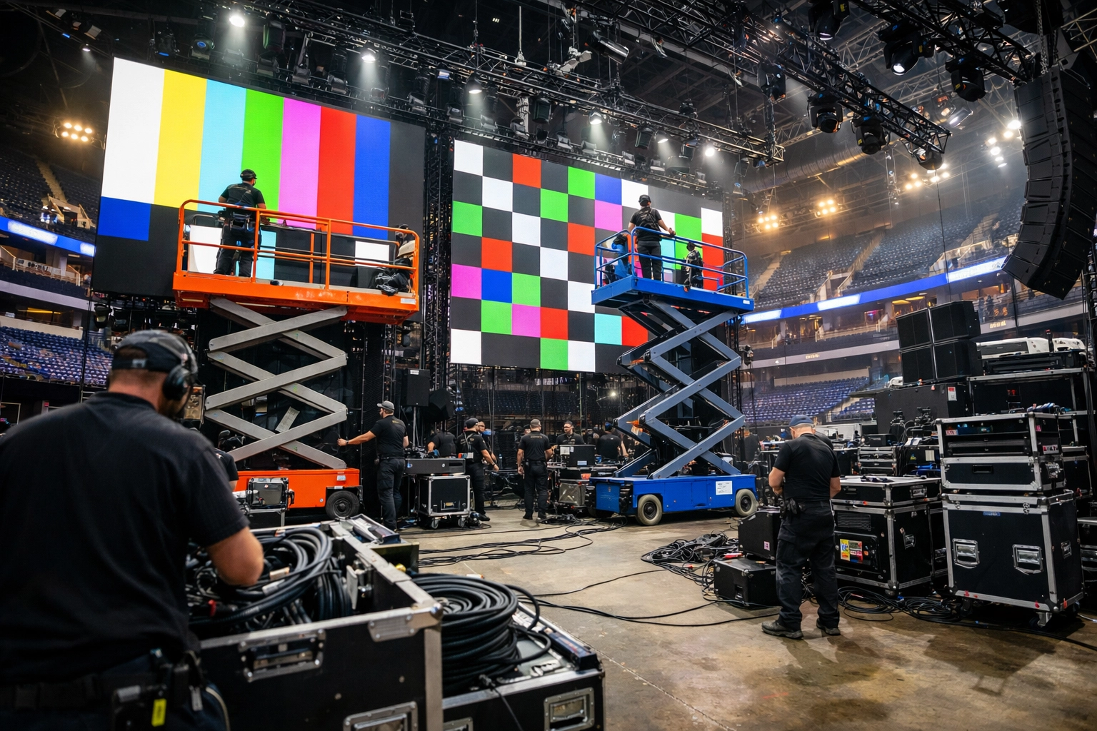 Production crew installing LED wall panels backstage at major sports and entertainment arena