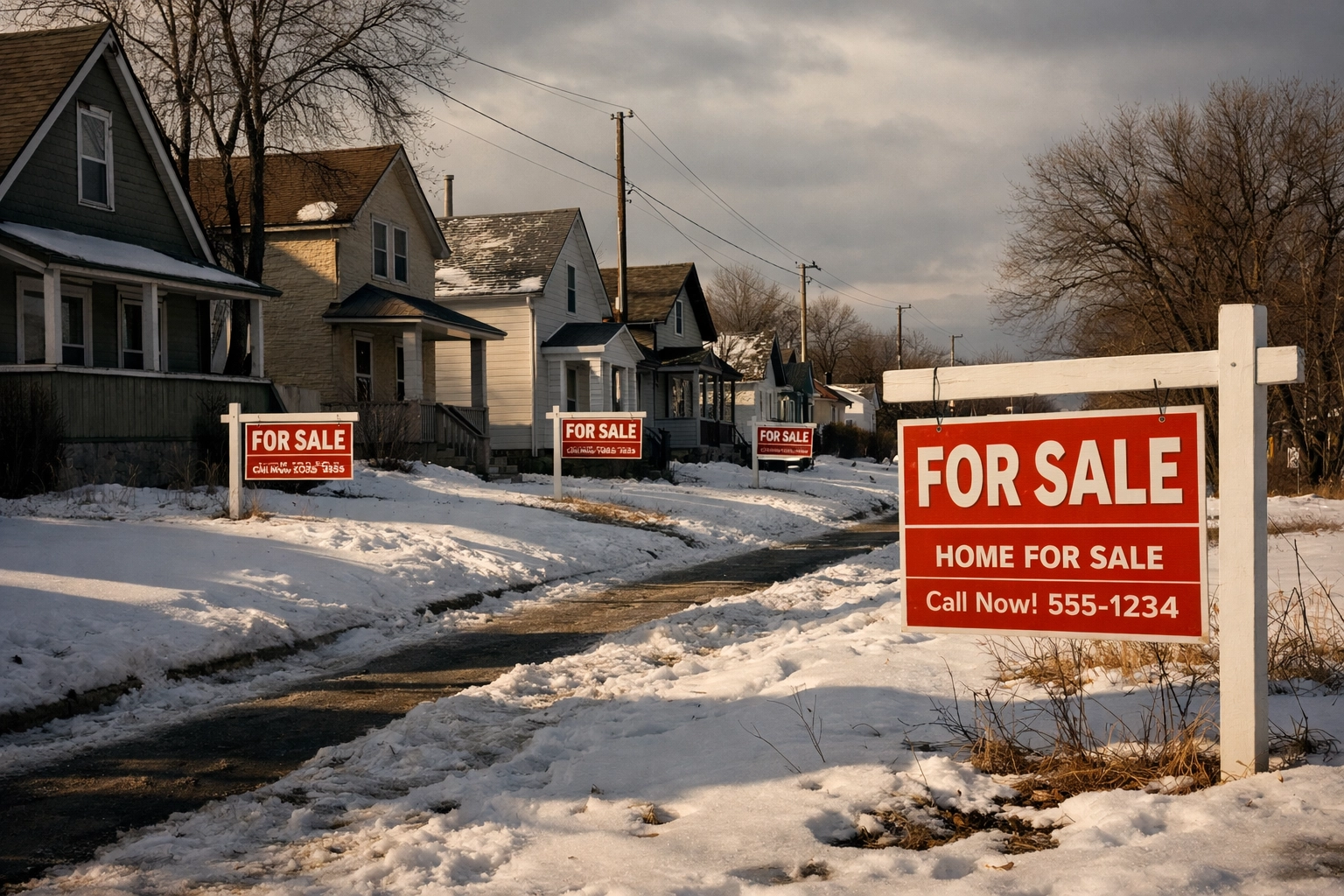 Winnipeg residential homes with for sale signs during winter housing market slowdown