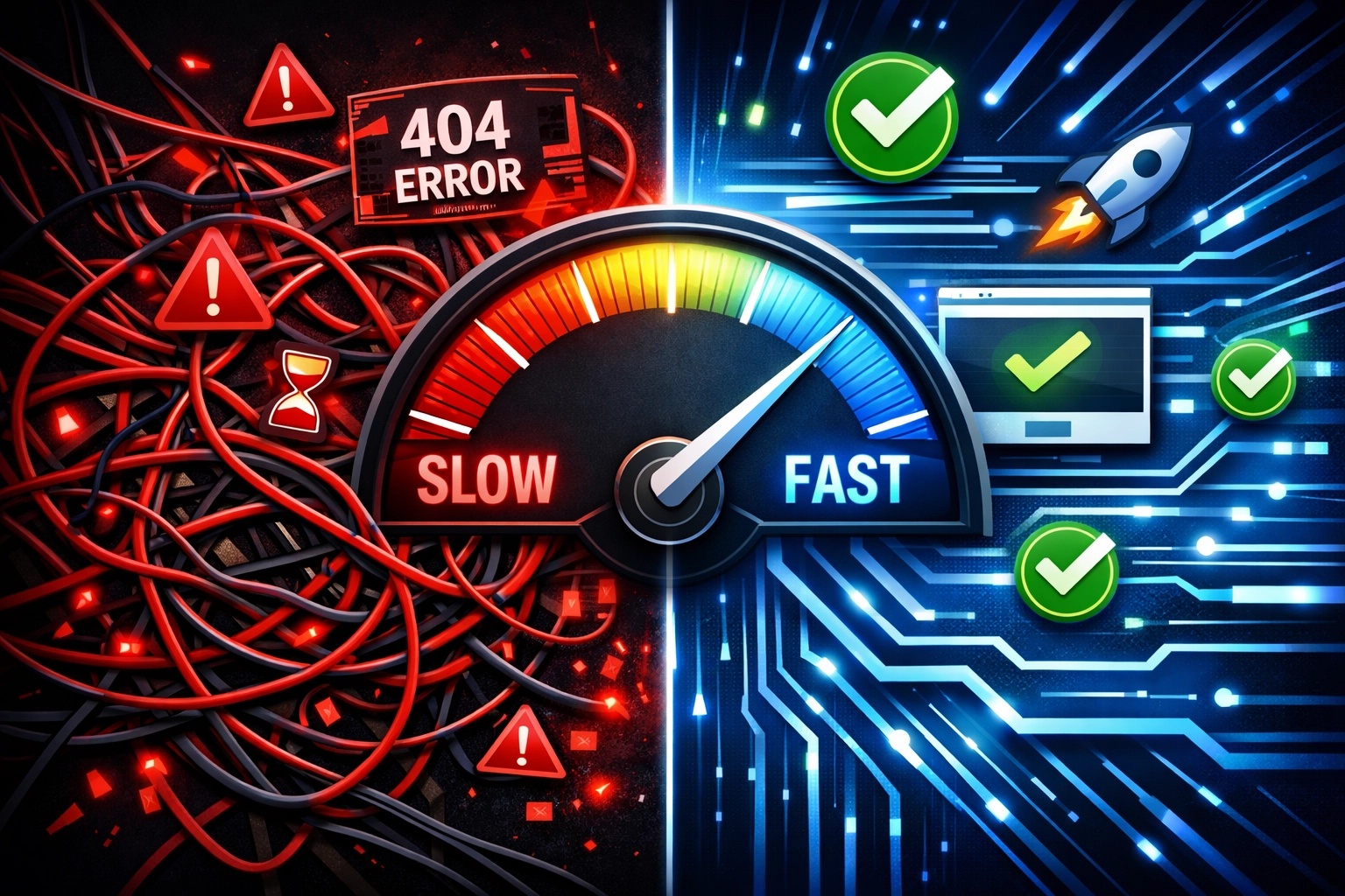 Website speed optimization showing slow loading versus fast performance for better SEO rankings