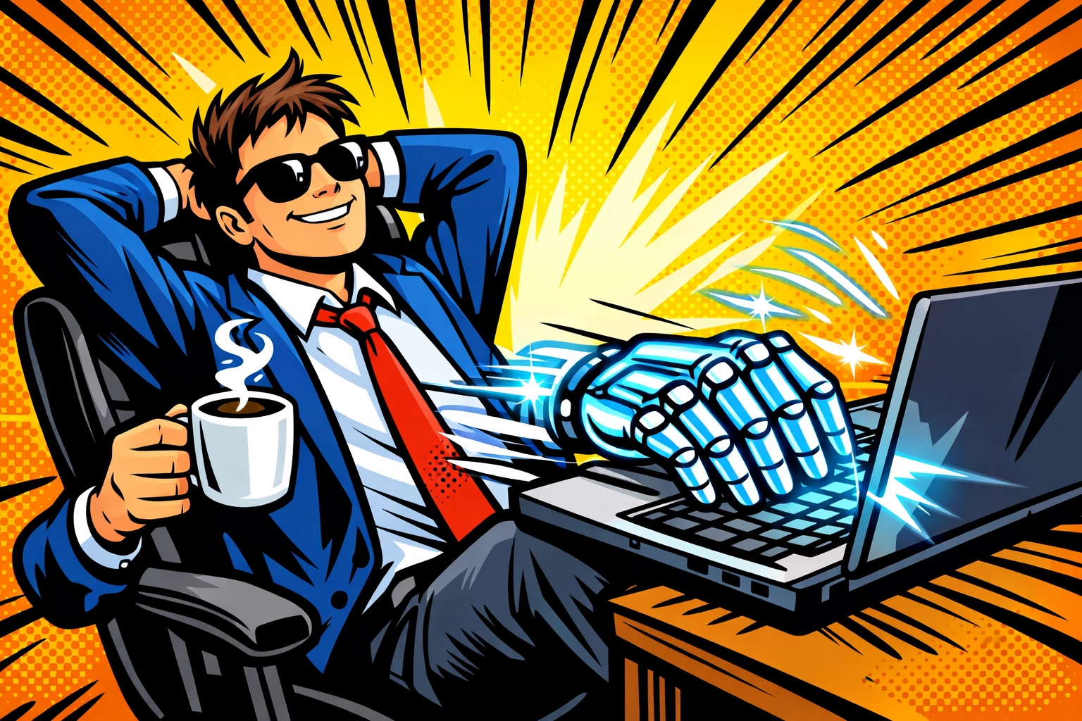 Relaxed business owner using AI business automation tools to draft email responses.