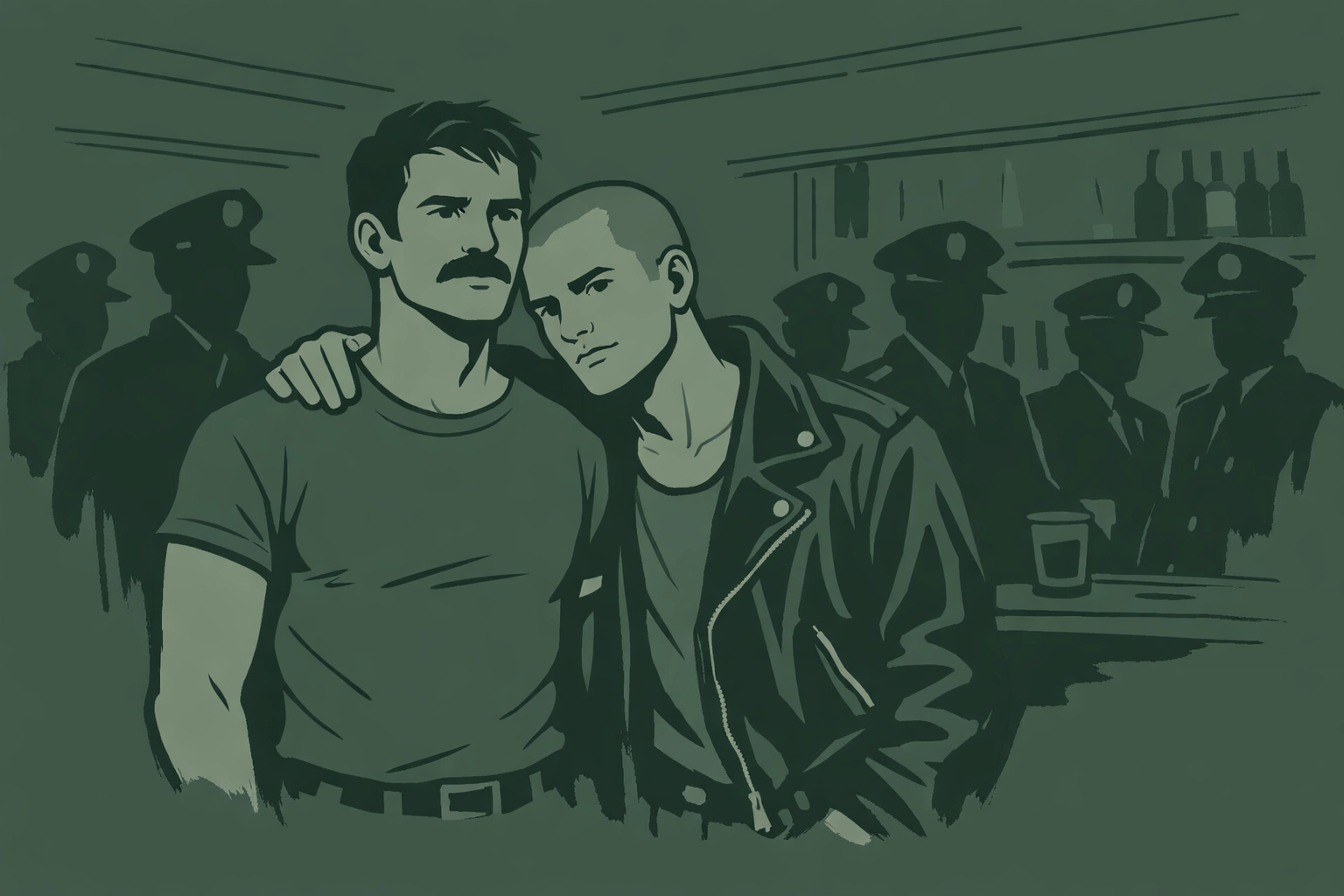 LGBTQ+ patrons standing together during 1987 police raid at Royal Vauxhall Tavern London