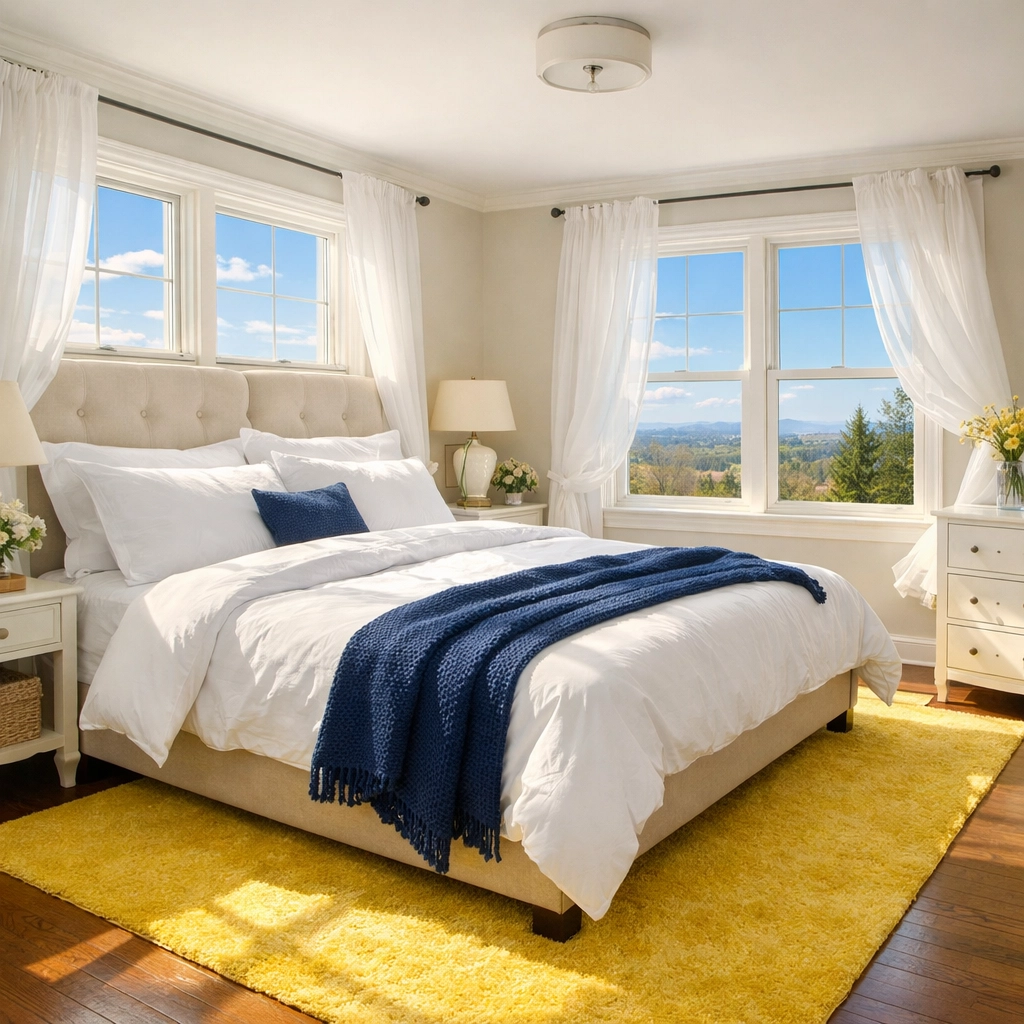 A dust-free, sun-drenched master bedroom in Massachusetts following a deep post construction cleaning.