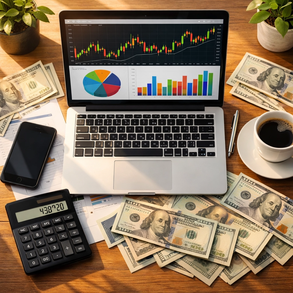Business desk with laptop showing financial charts for cash flow management planning