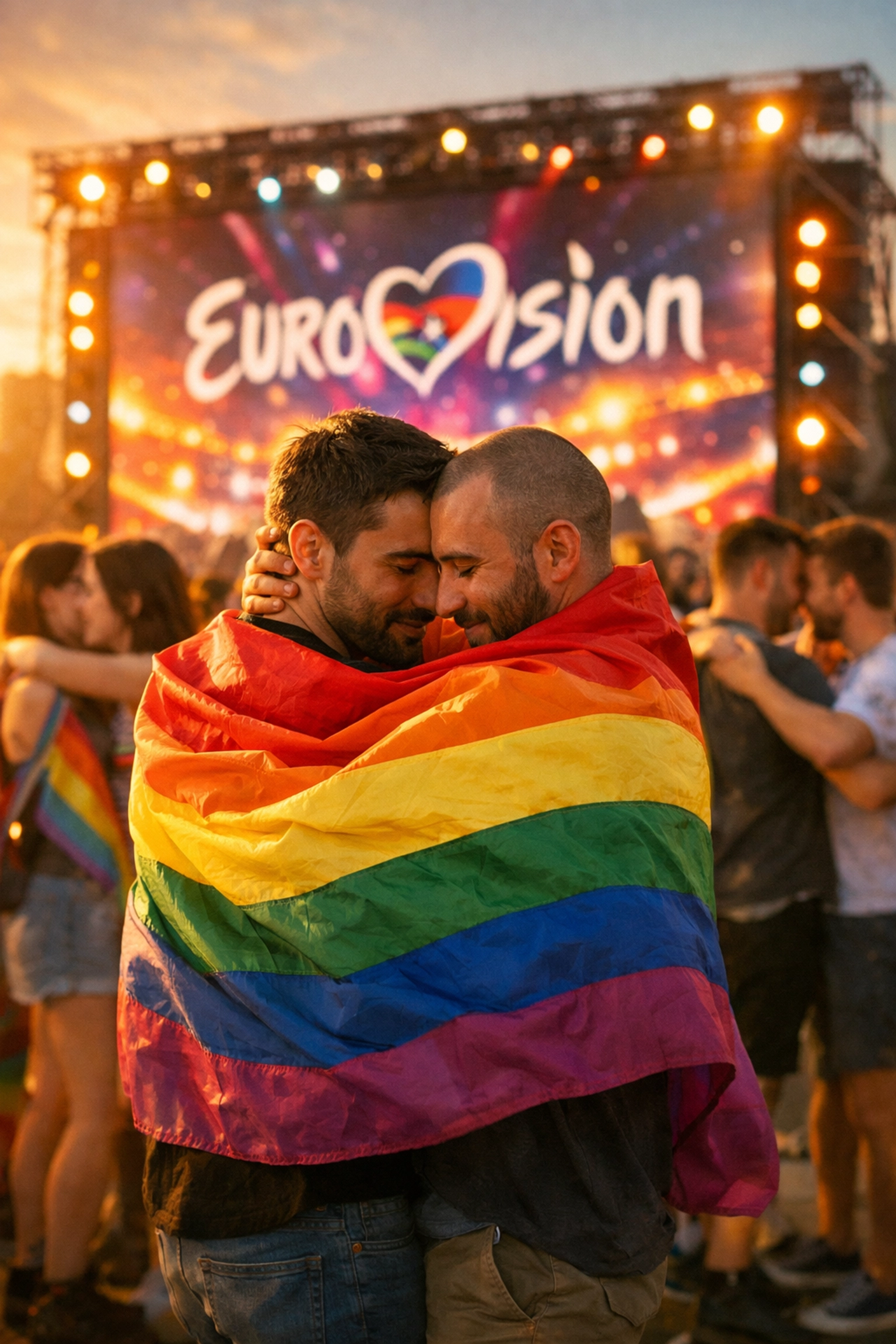 Gay couple wrapped in Pride flag celebrating Eurovision as a safe space for LGBTQ+ visibility