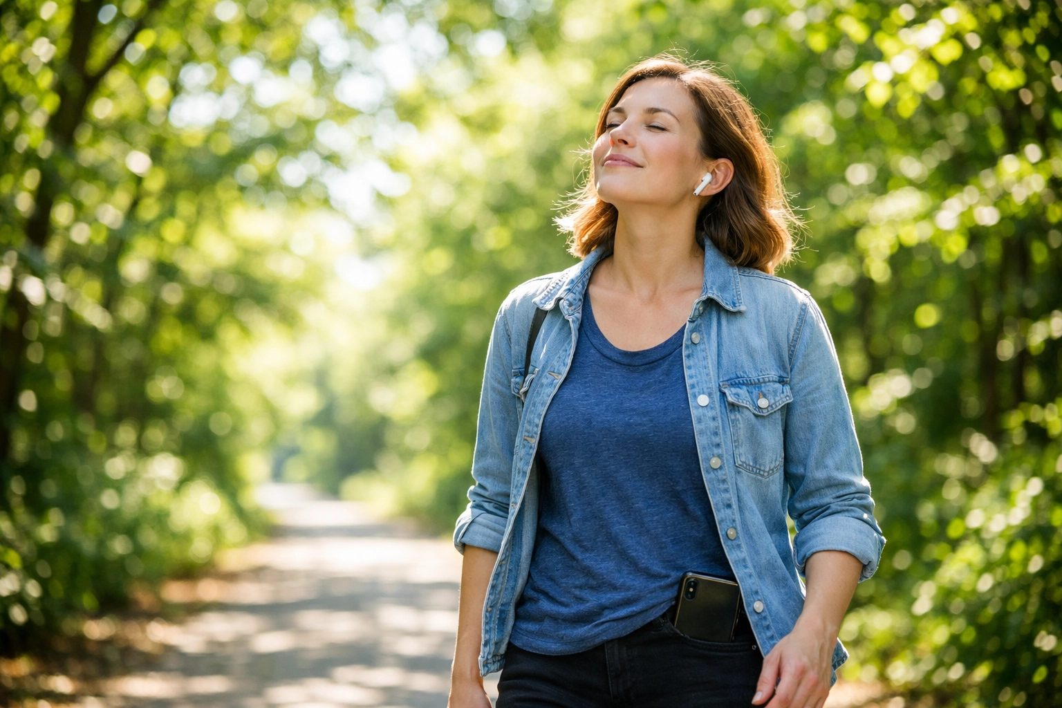 Person walking peacefully outdoors with phone in pocket, choosing rest over scrolling