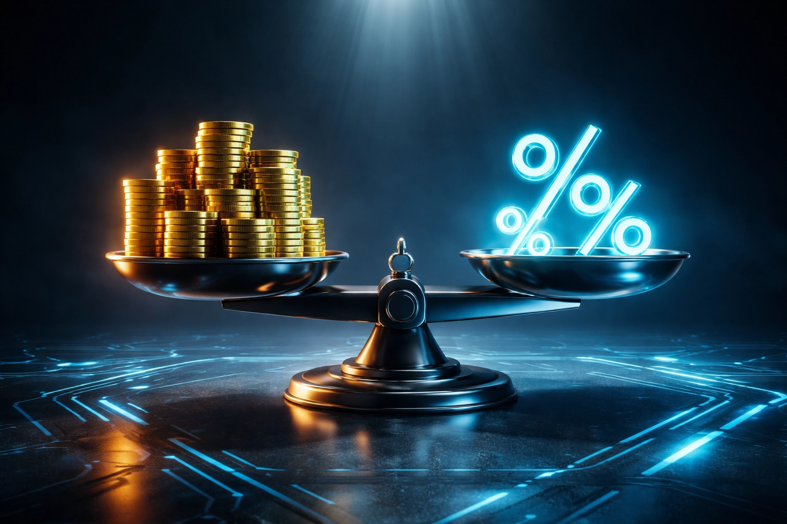 A digital scale compares gold coins and percentage symbols, illustrating fee differences among crypto POS systems.