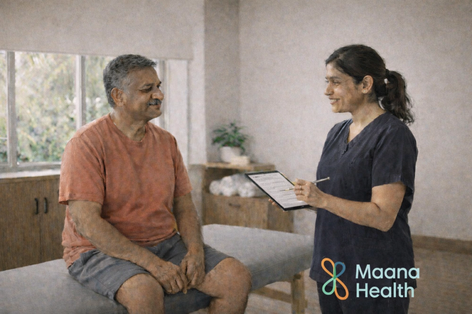 Physiotherapist in Ernakulam discussing your back pain history and movement goals during a clinical consultation.