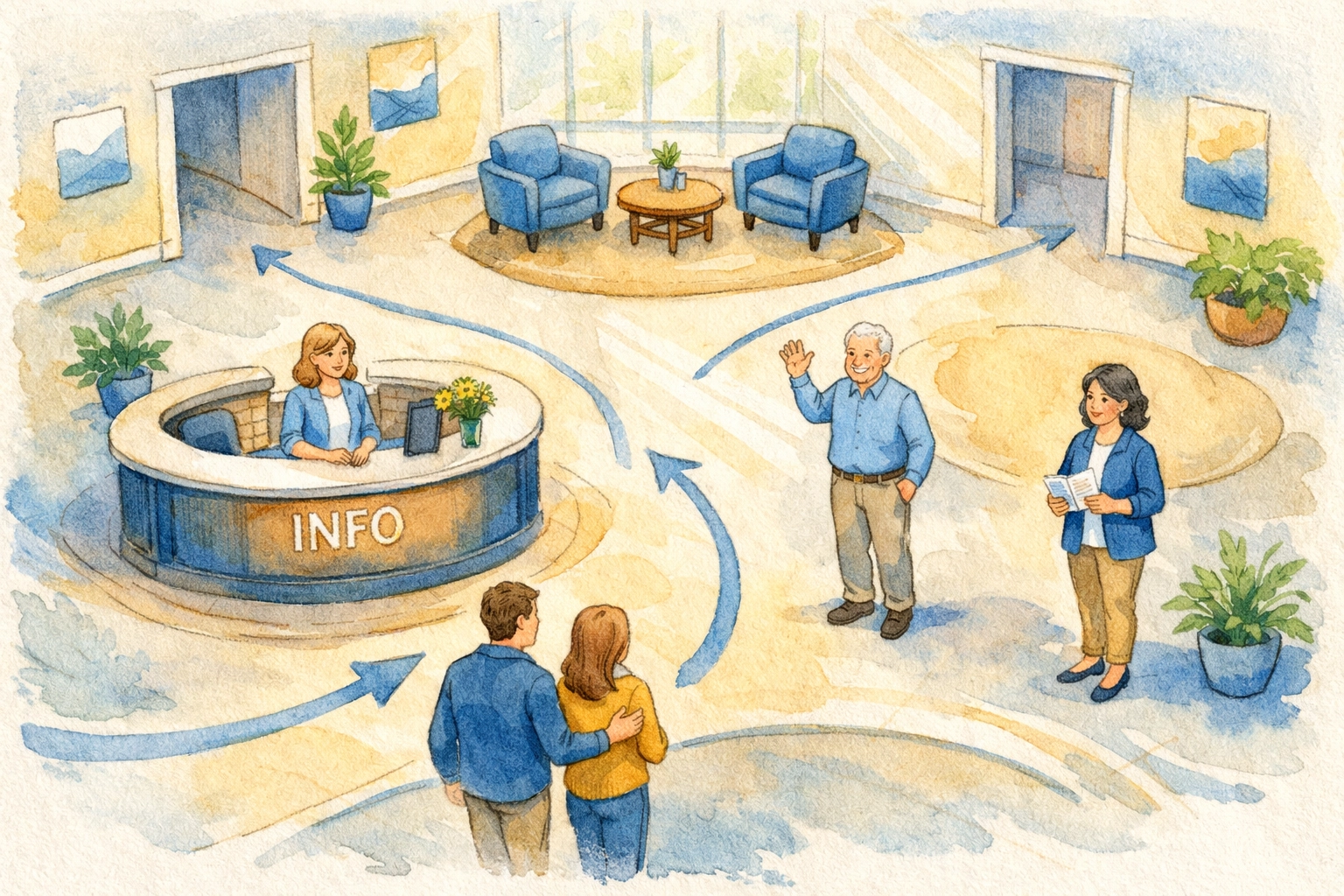 Well-organized church lobby with friendly greeters and clear pathways welcoming guests