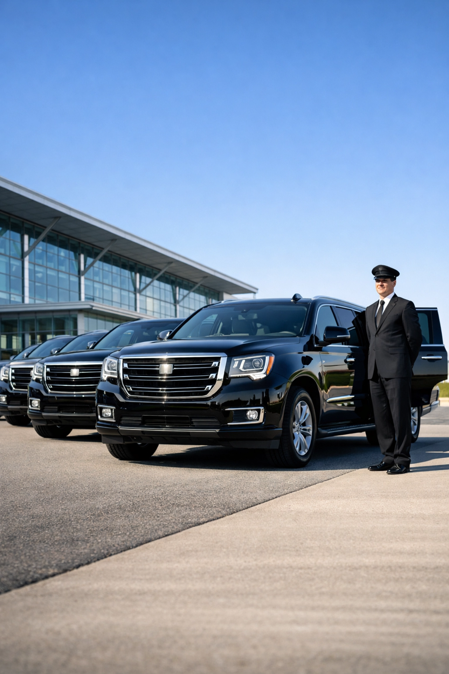 Luxury executive SUVs and professional chauffeur ready for Super Bowl transportation logistics.