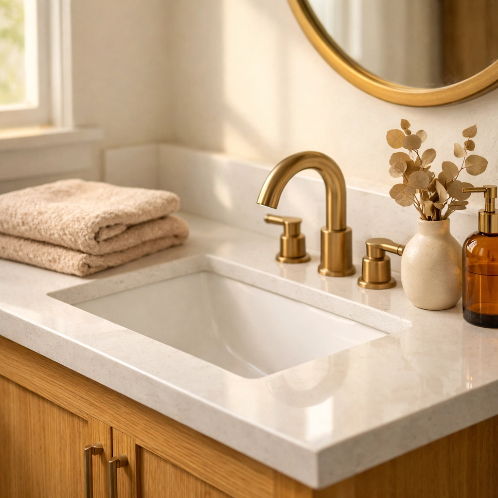 Modern bathroom vanity with white quartz countertop, reflecting a typical bathroom remodel cost in Ohio.