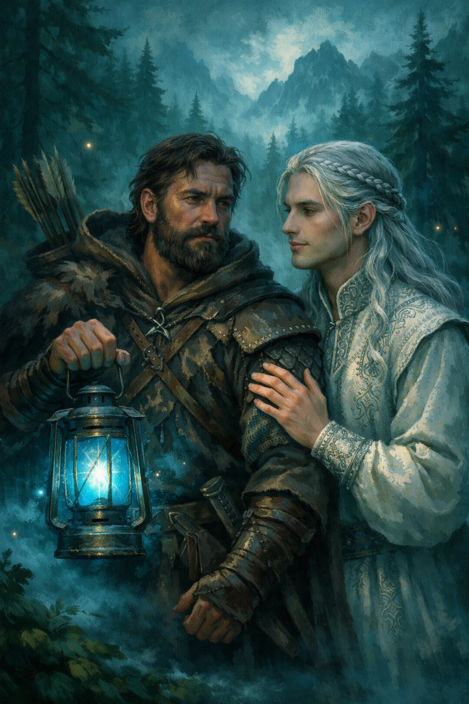 A hunter and prince in a misty forest represent the Slavic mythology tropes of gay fantasy romance novels.