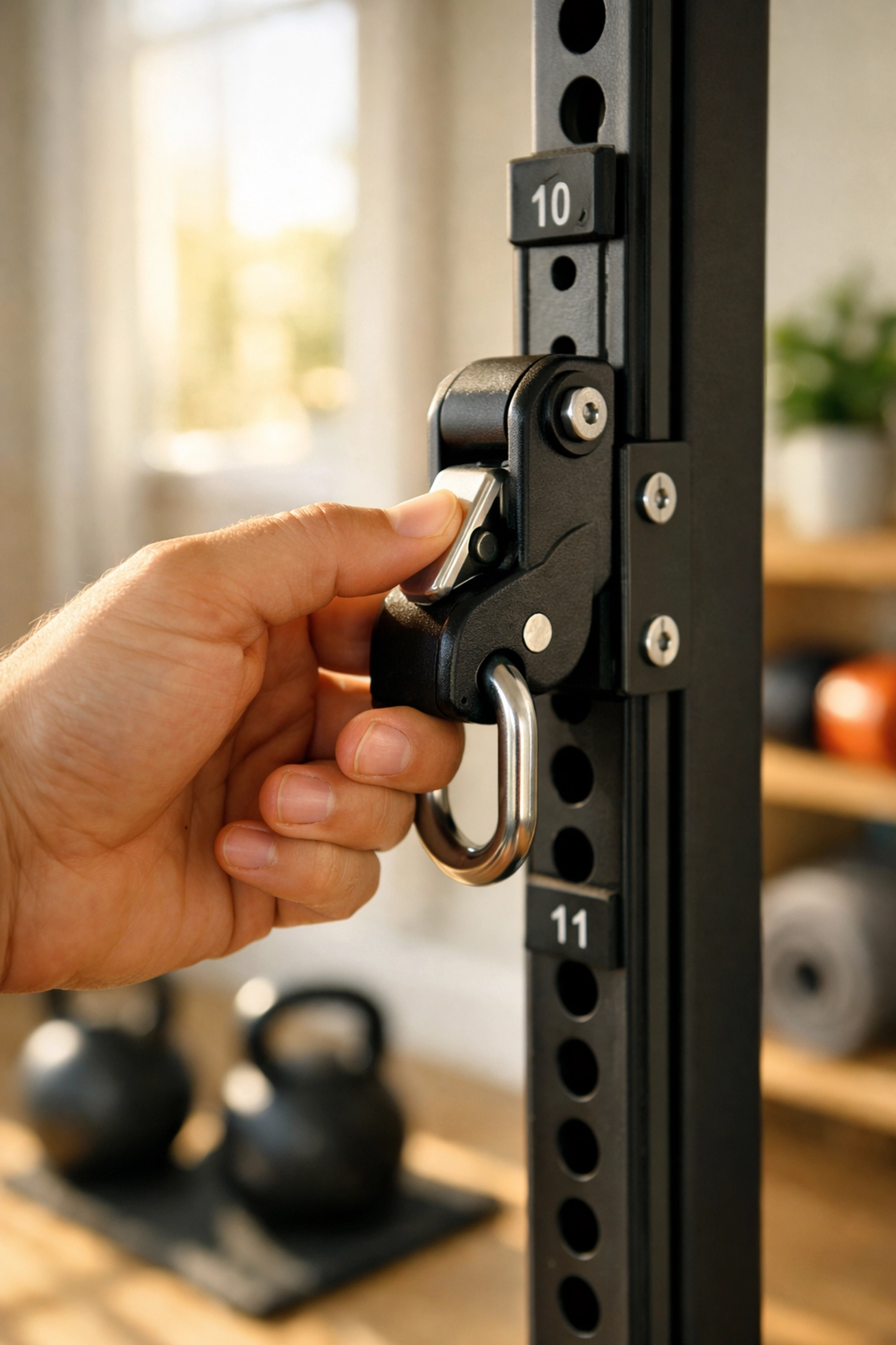 Easily adjusting attachment hooks on a versatile home gym for fast resistance training switches.
