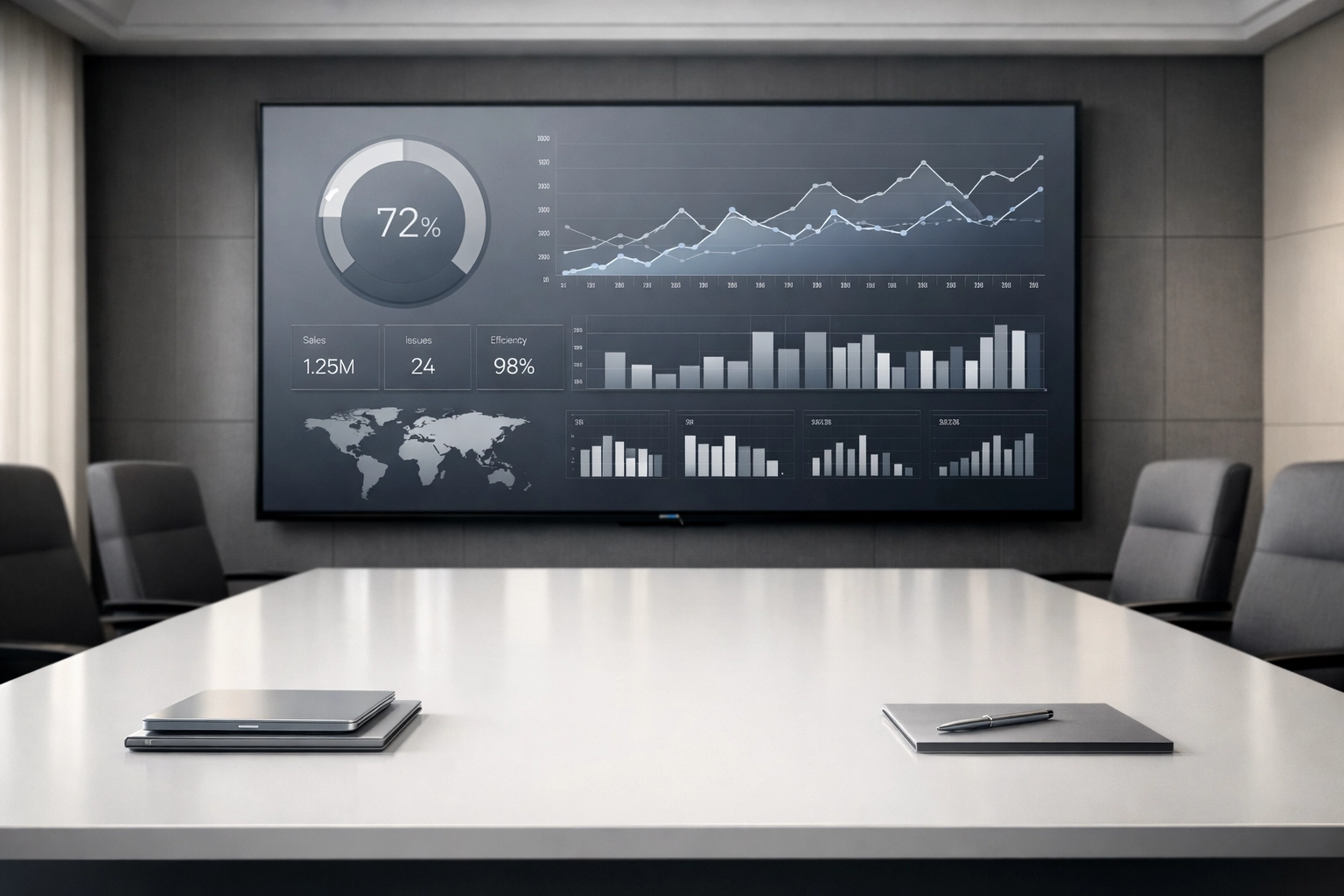 Corporate office with a large data dashboard, showcasing scalable tax service bureau infrastructure and growth metrics.