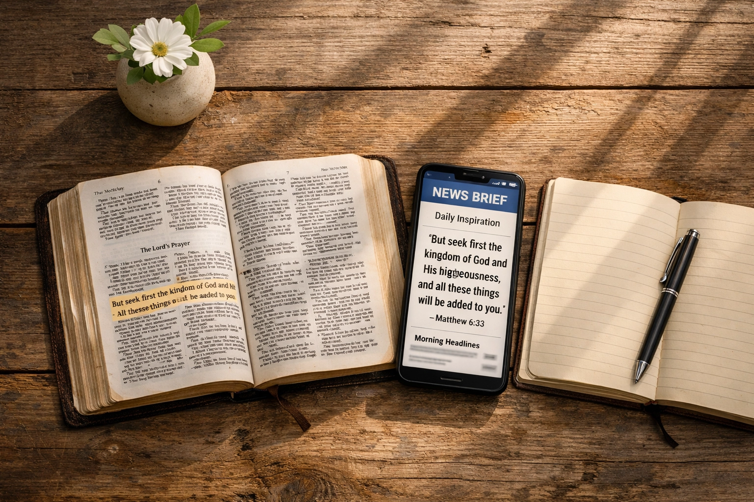 Open Bible next to smartphone displaying Scripture-based news brief with journal