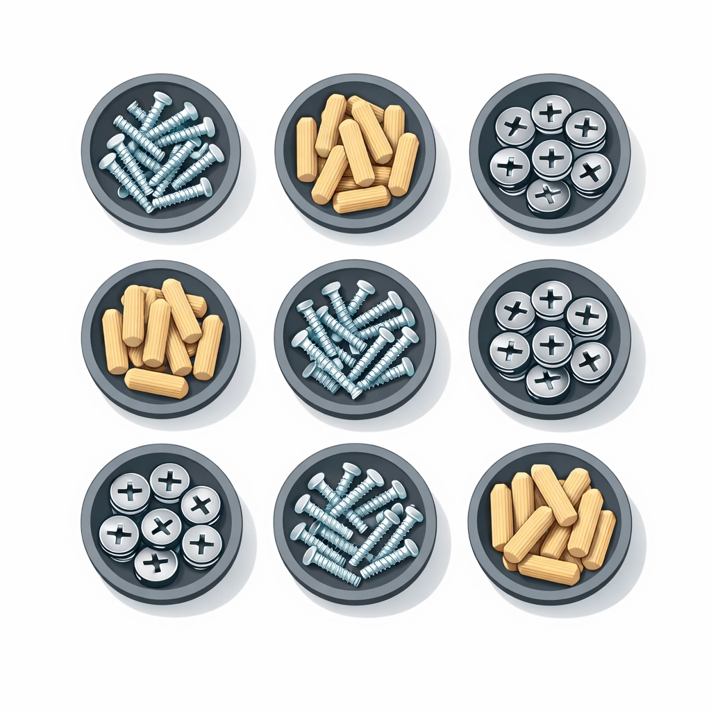 Sorting IKEA assembly hardware like screws and wood pegs into bowls to stay organized.