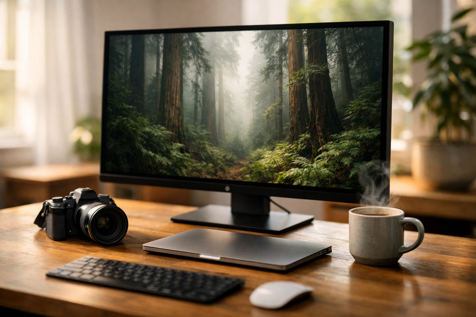 A professional photographer's workspace featuring a modern AI photo editing workflow.