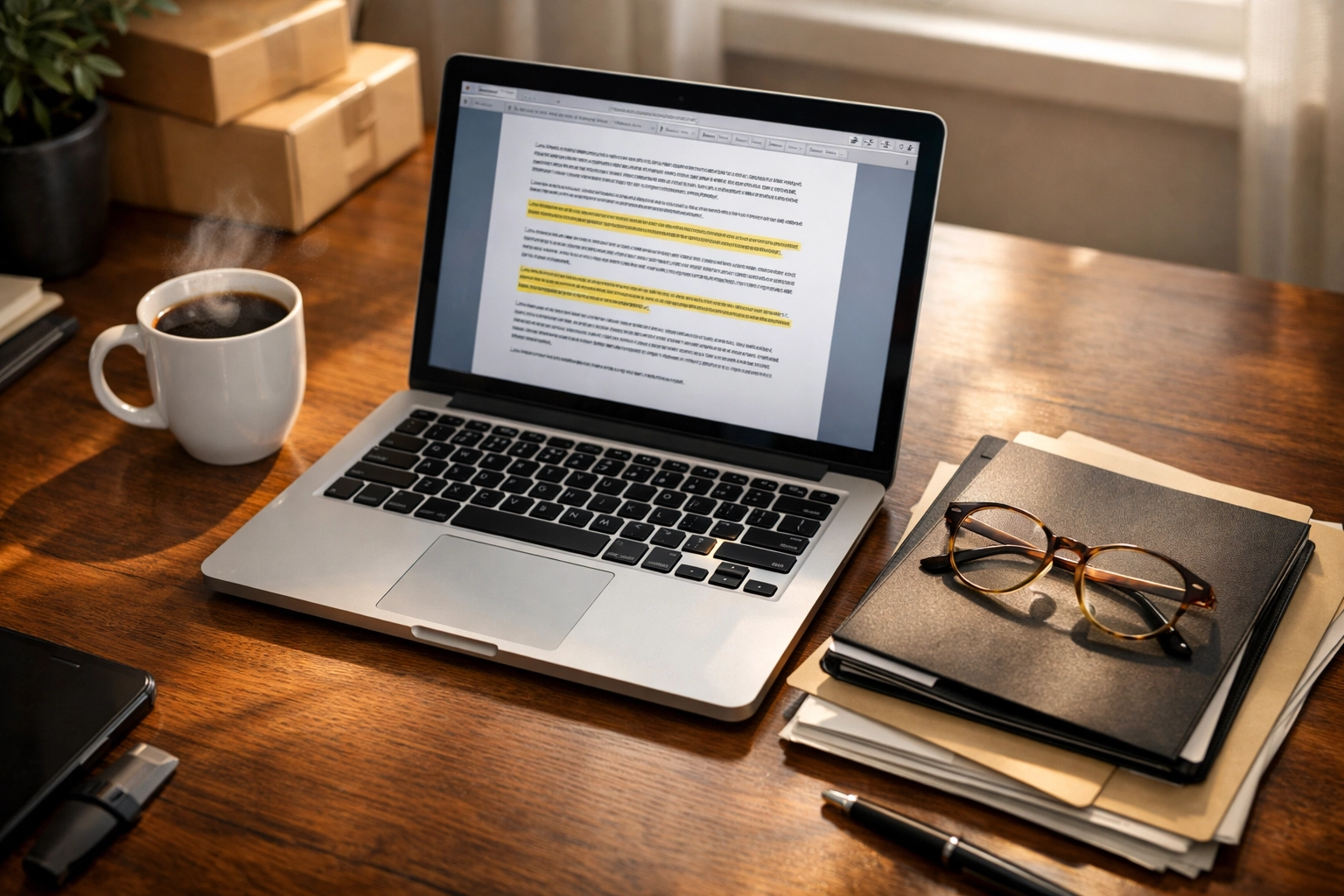 Modern home office desk with a laptop displaying a highlighted legal contract for a reseller business.