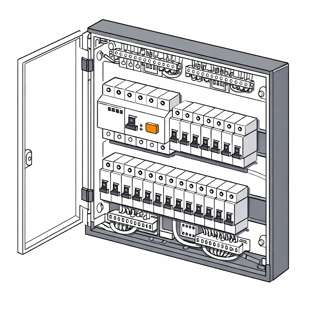 Technisches Diagramm eines Sicherungskastens mit FI-Schalter für den E-Befund in Wien.