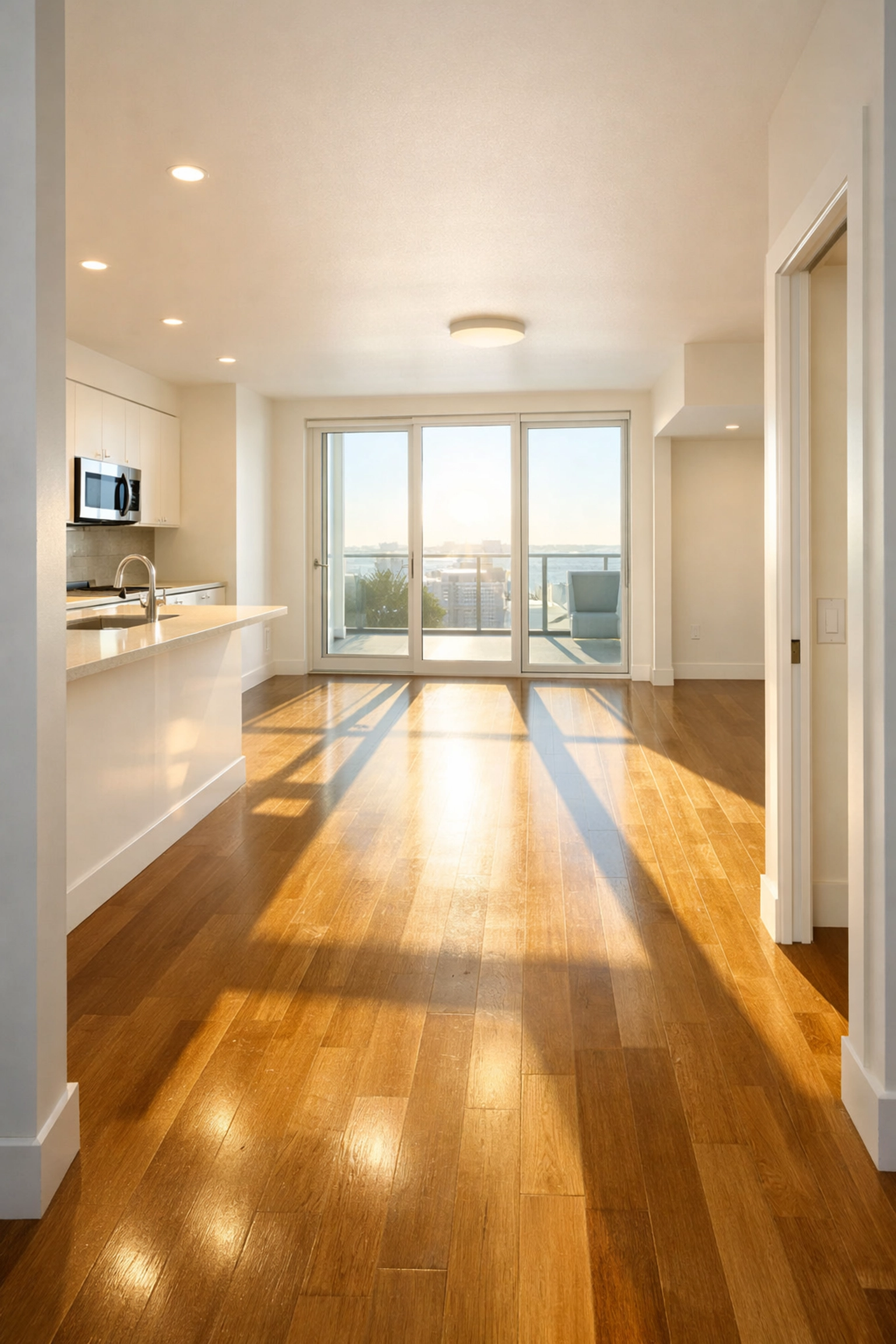 A clean, move-in ready apartment studio with hardwood floors following a successful turnover process.