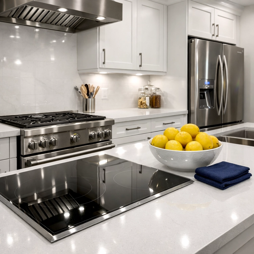 A gleaming luxury kitchen with spotless countertops after professional move-in cleaning in Somerville.