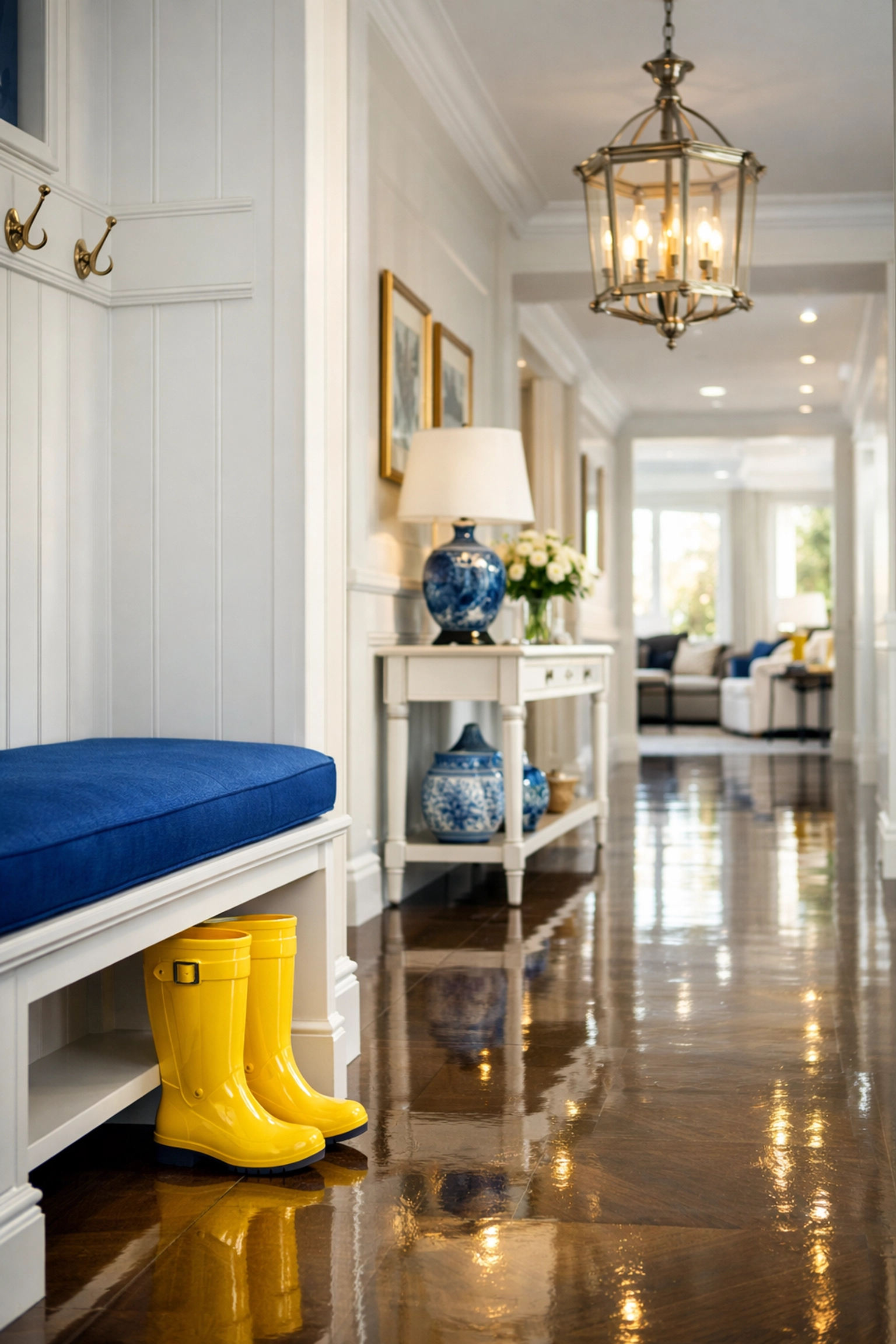 Pristine, clutter-free entryway in a Natick home with high-gloss polished floors.