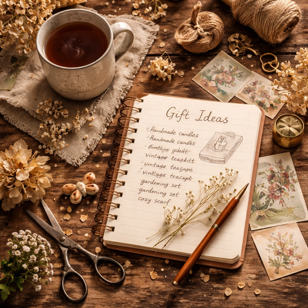 Flat-lay of thoughtful gift planning with a notebook, tea, and artisan objects for micro-interest gifts.