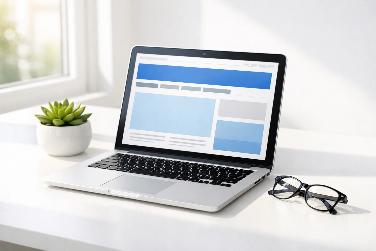 Modern laptop displaying a professional lead-generating website layout on a clean white desk.