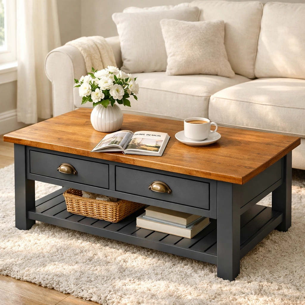 Two-tone upcycled coffee table with grey painted base and natural wood top in cozy living room