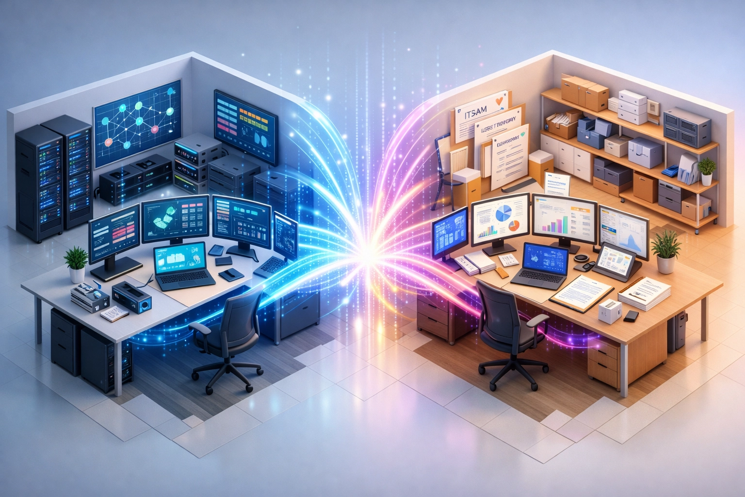 Integrated ServiceNow ITAM and ITOM implementation showing unified data flows and workflows