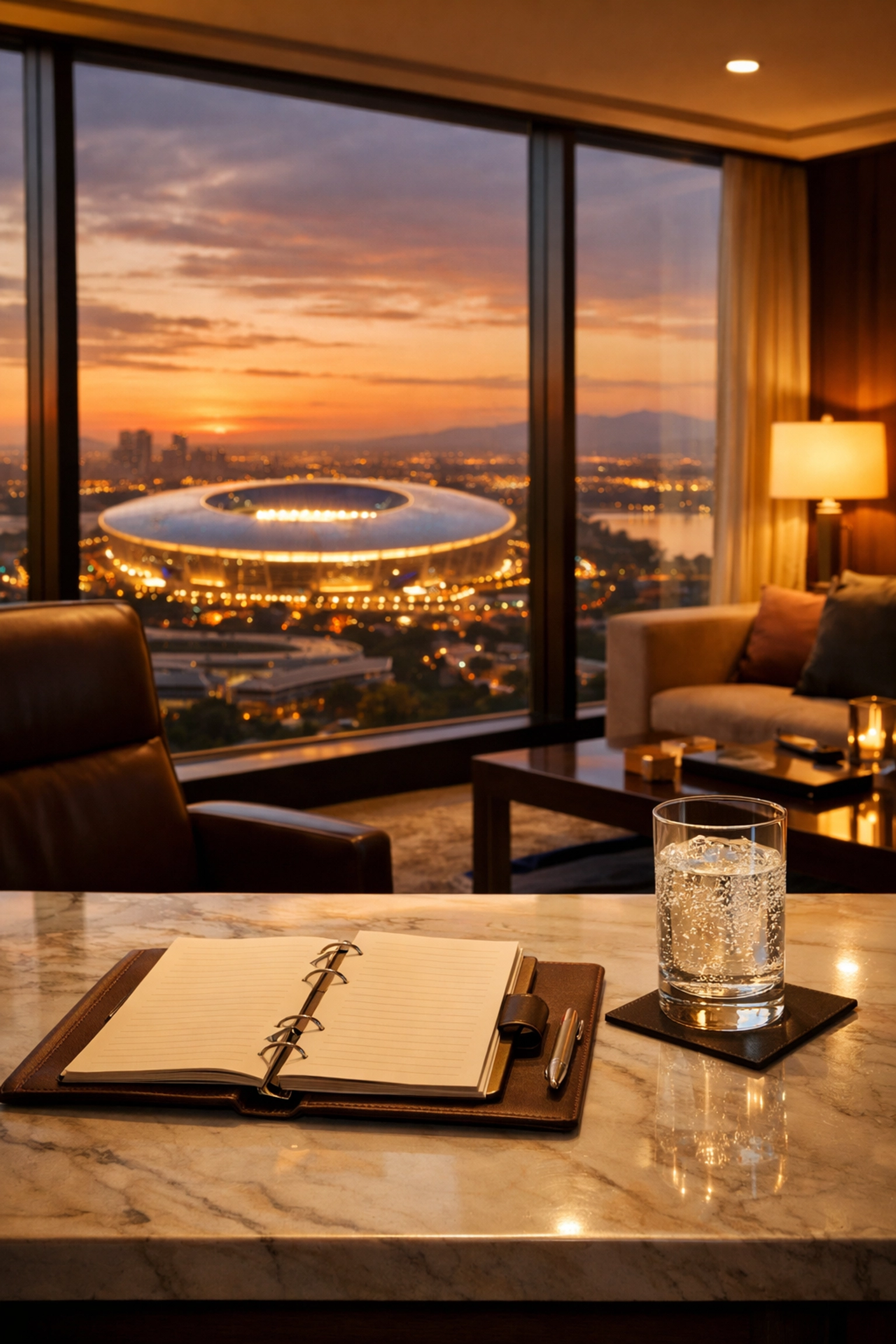 Luxury executive hotel suite with a stadium view for premium Super Bowl corporate hospitality.