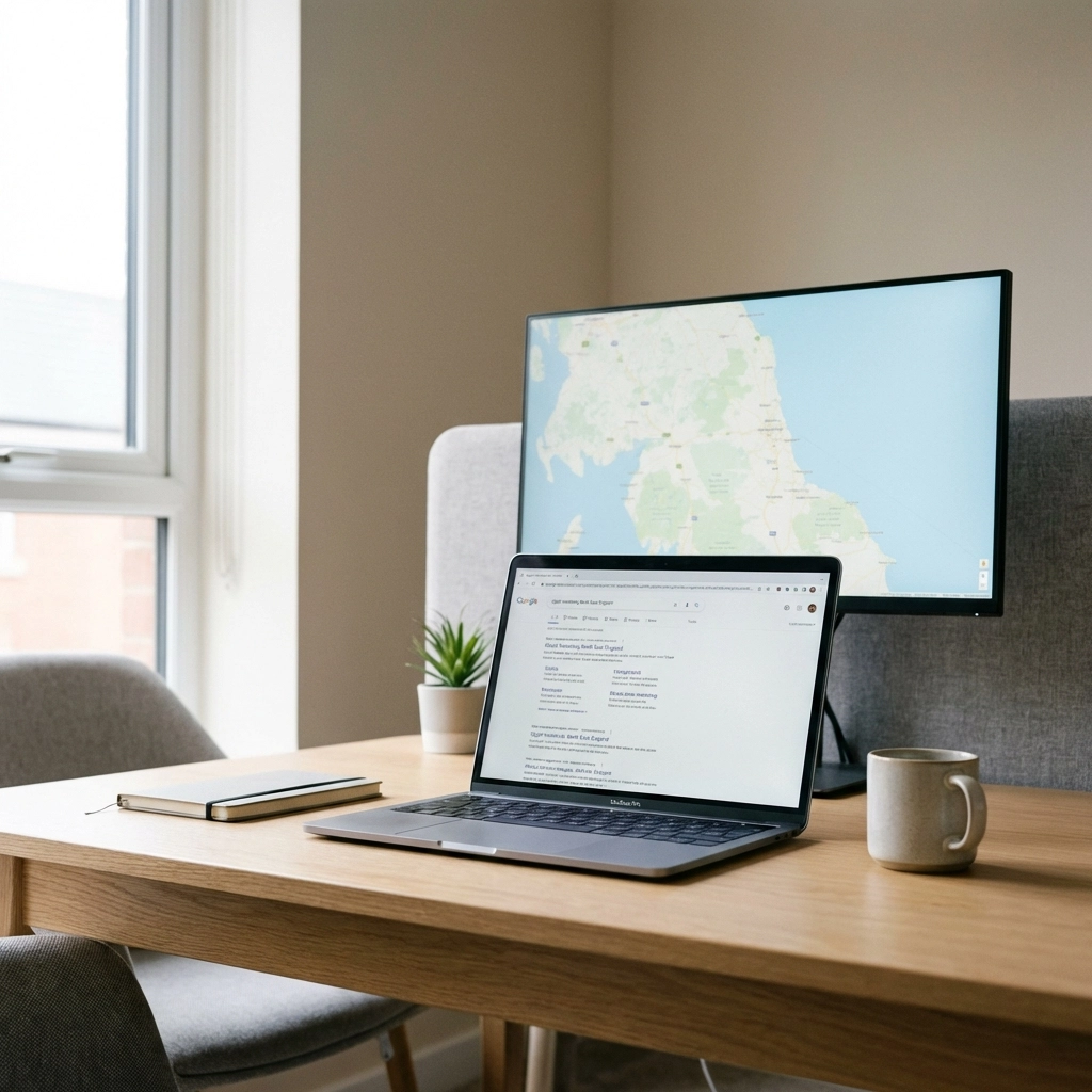 Laptop showing Google search results and a North East England map, illustrating local keyword optimization for businesses