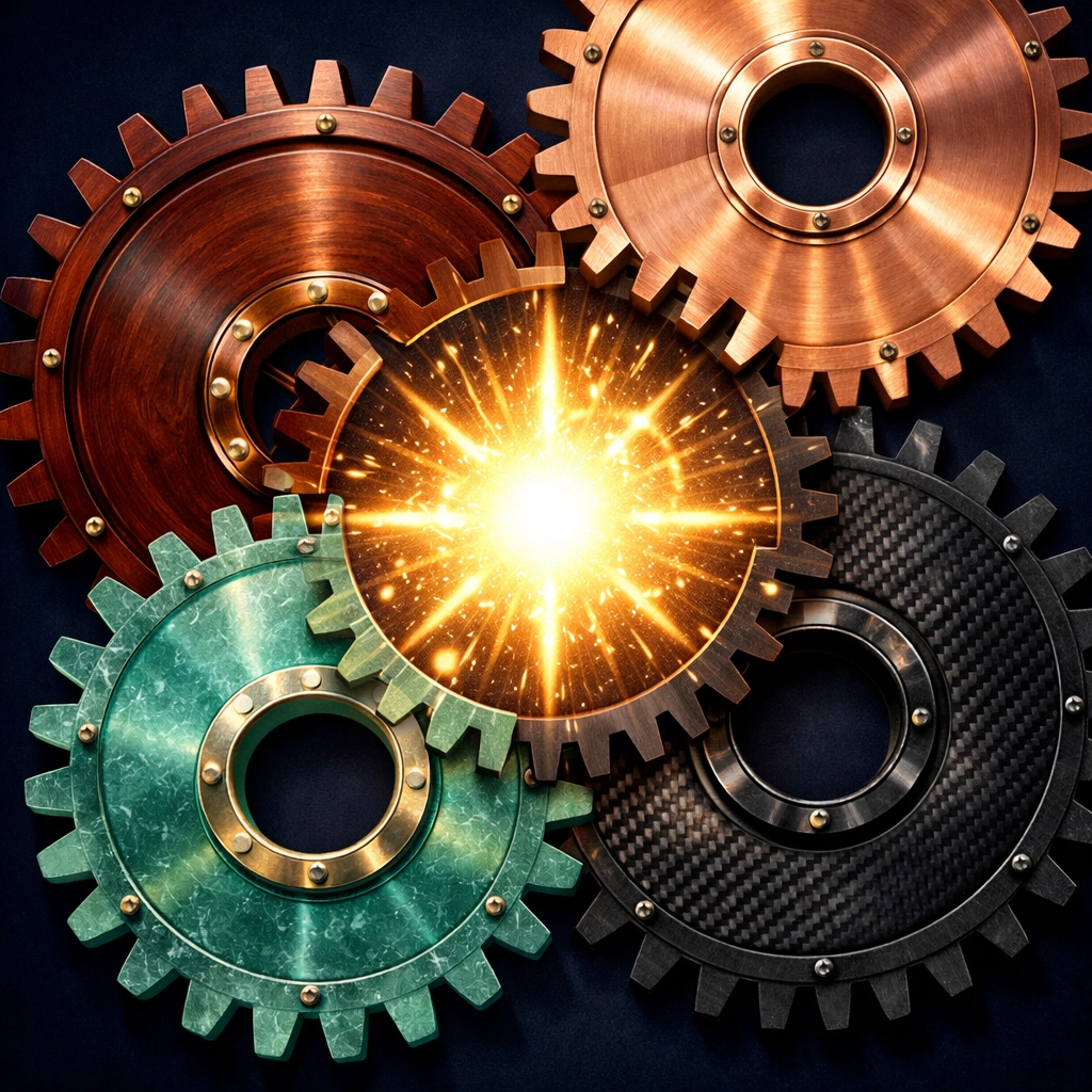 Interlocking gears of diverse materials representing organizational equity and inclusive leadership systems.