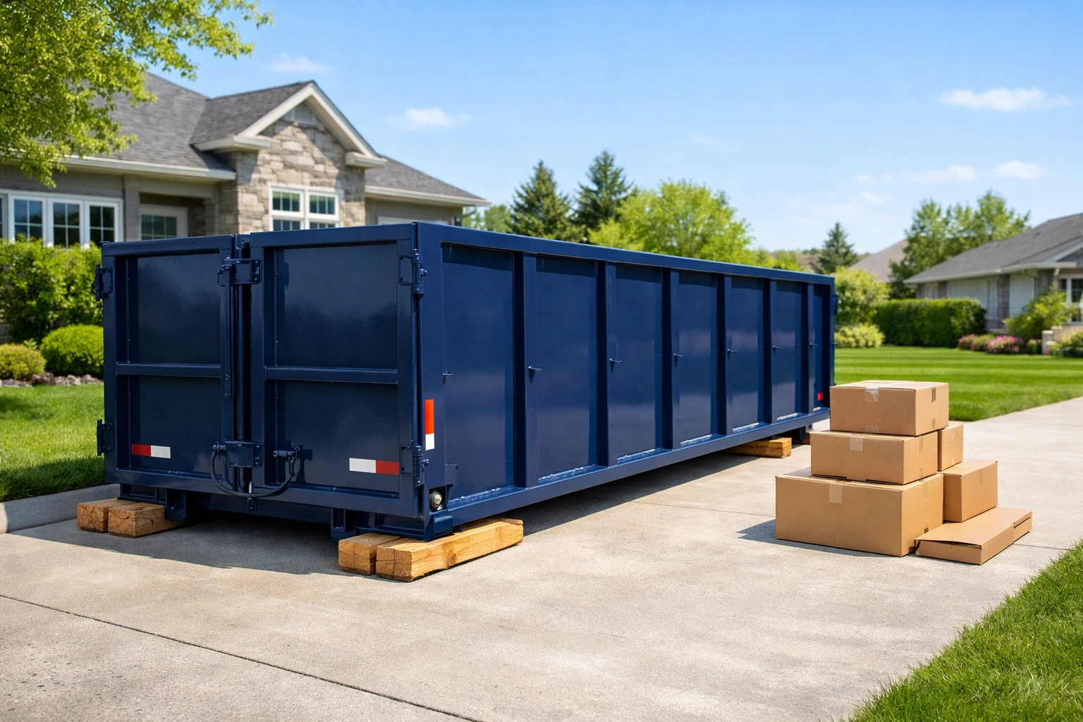 Estate cleanout dumpster North York on a driveway with wooden planks for property protection.