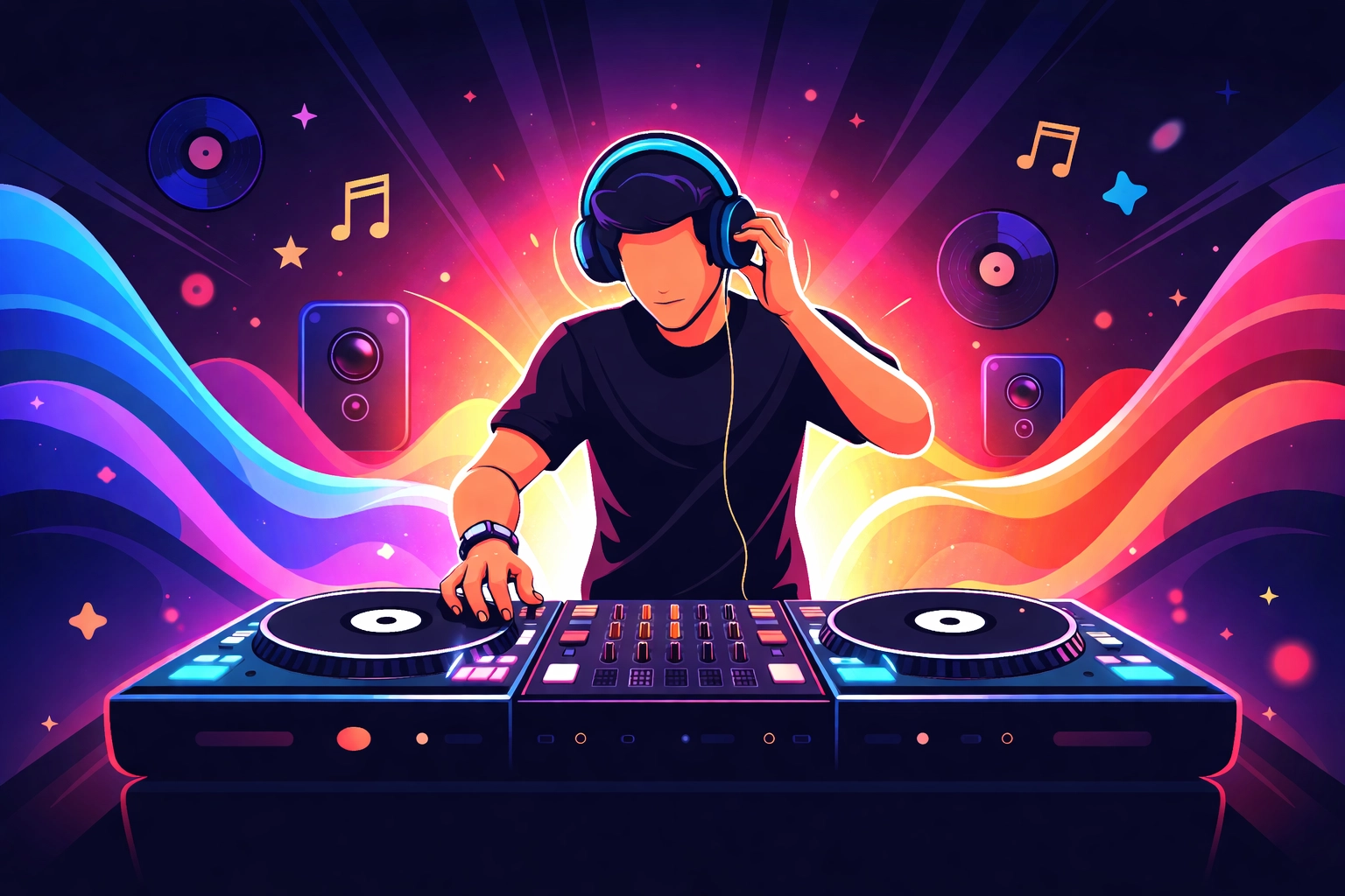 DJ performing behind turntables with headphones celebrating The Spin Cycle contest victory on KFSM Radio Network