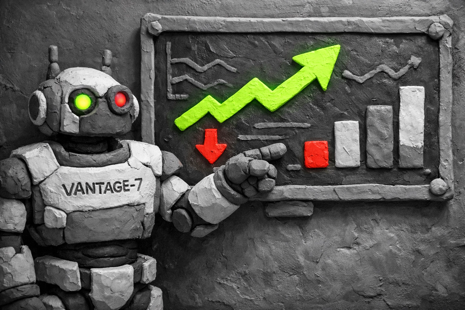 Tactile claymation stop-motion scene of the VANTAGE-7 robot pointing at an abstract ATS score dashboard with a neon green upward arrow and a small bright red downward arrow.