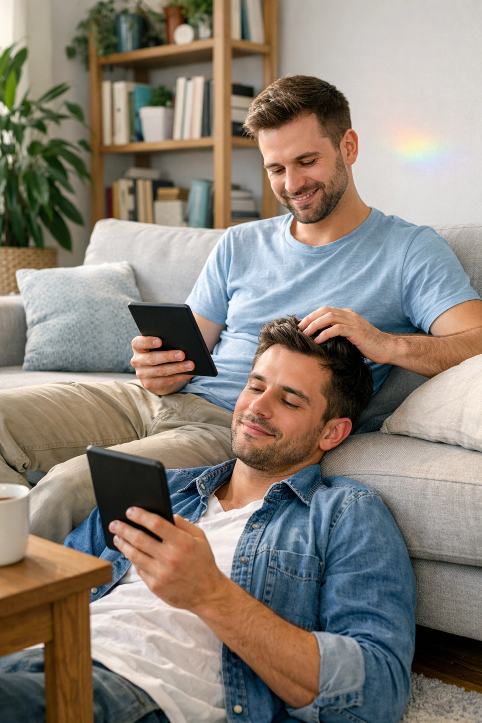 A gay couple reading MM romance ebooks together in a comfortable, modern home setting.