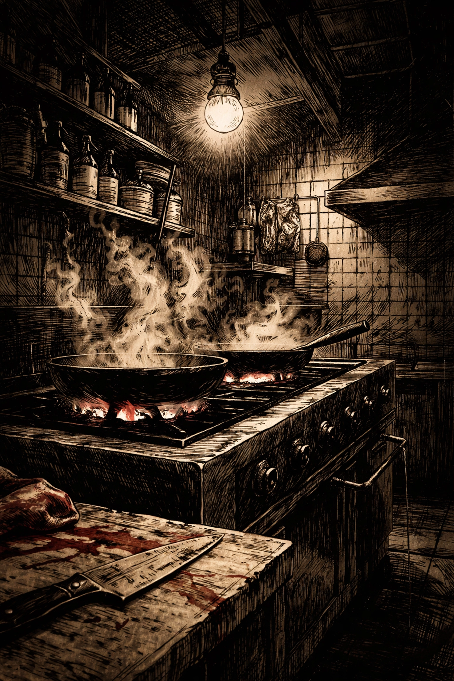 Dimly lit noir kitchen with steam rising from cast iron pans, setting the mood for a culinary suspense story.