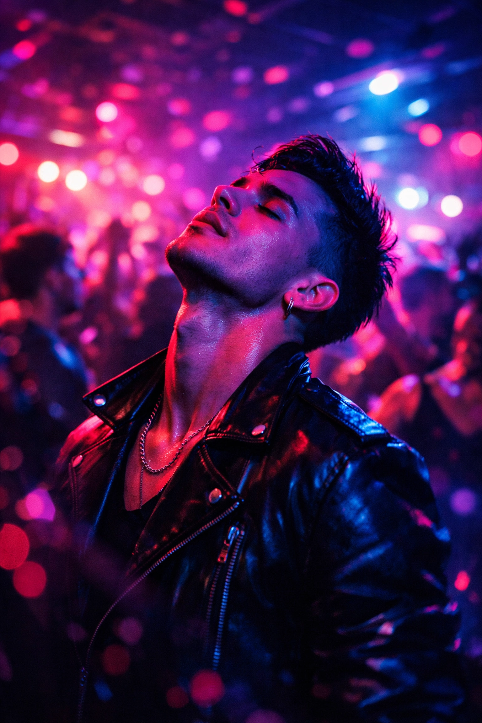 A stylish gay man experiencing artificial euphoria in a neon nightclub, reflecting the start of addiction.
